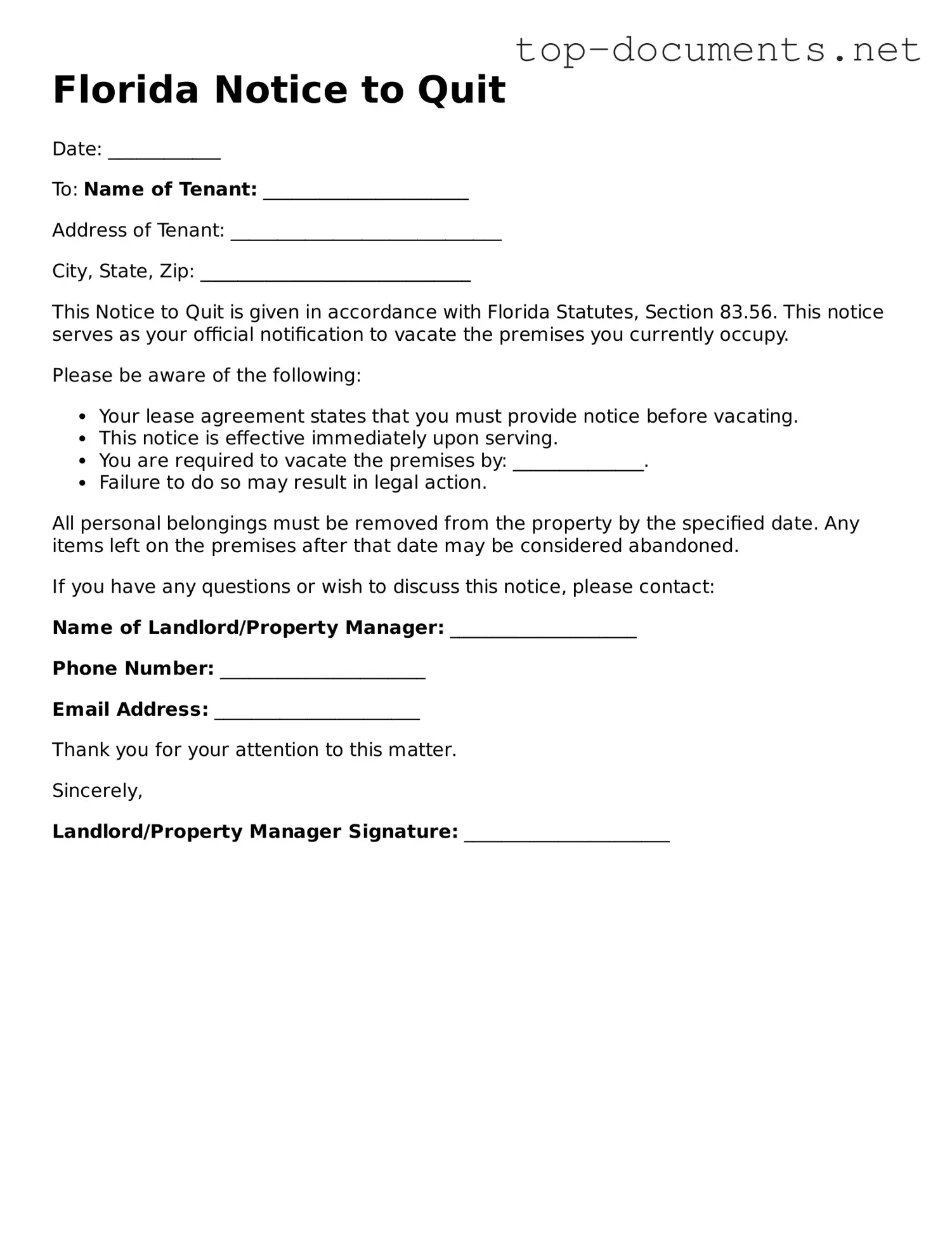 Printable Notice to Quit Form for the State of Florida