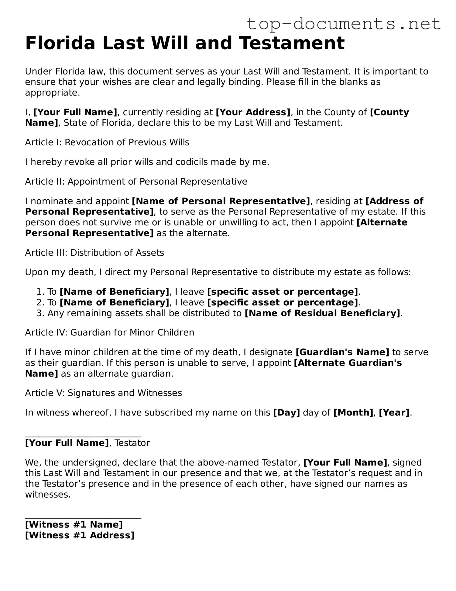 Printable Last Will and Testament Form for the State of Florida