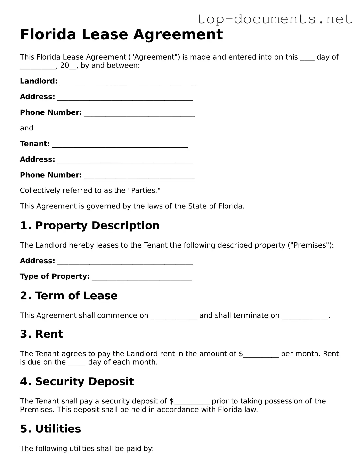 Printable Lease Agreement Form for the State of Florida