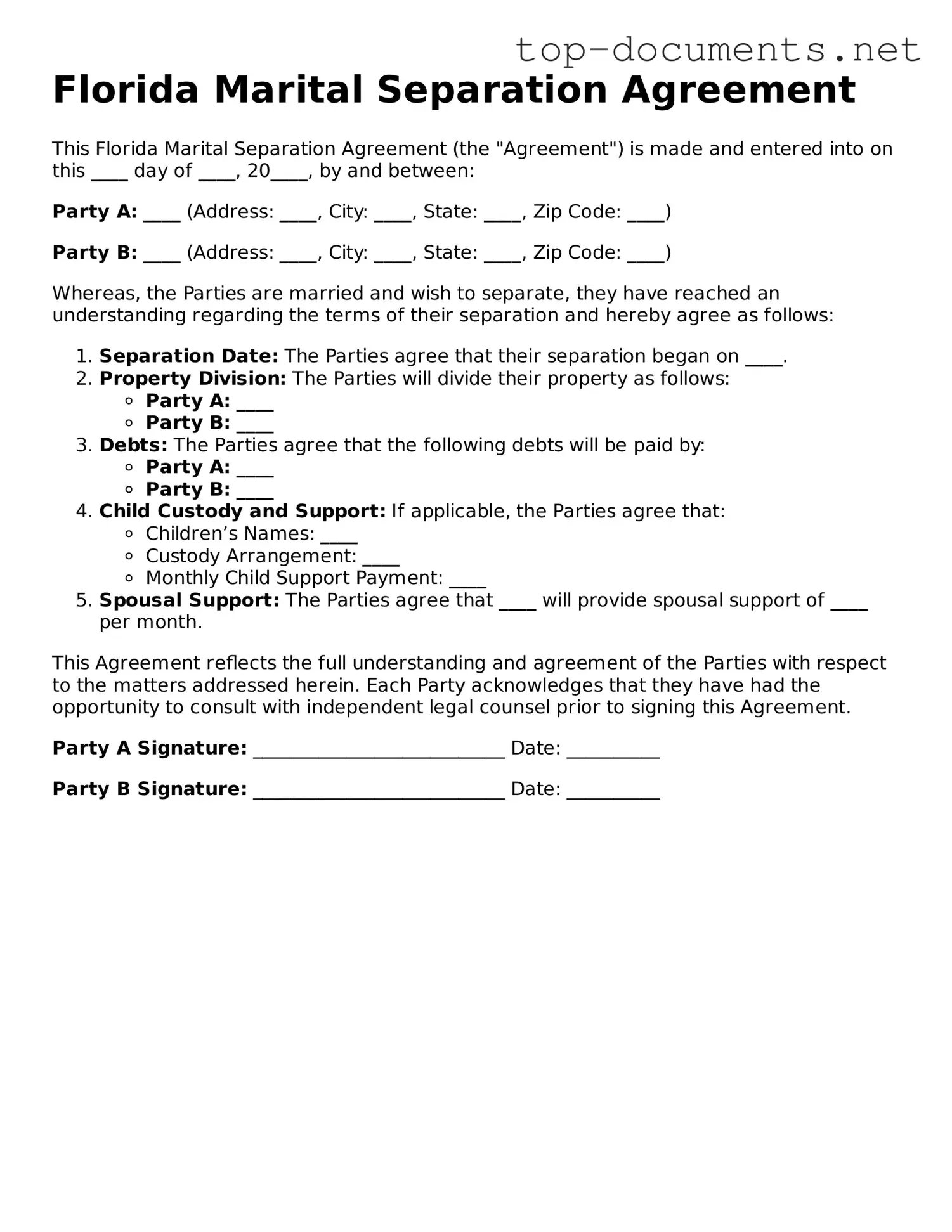 Printable Marital Separation Agreement Form for the State of Florida