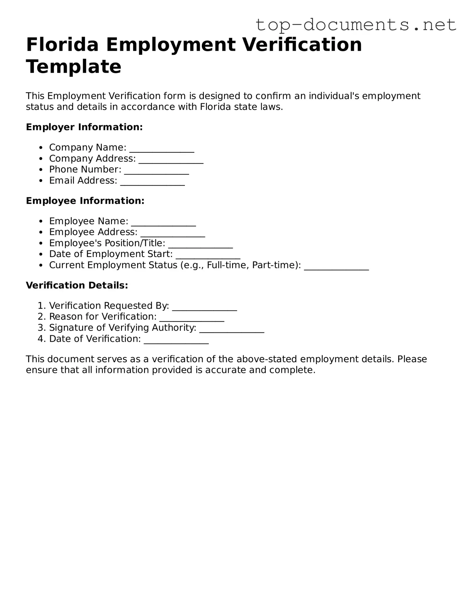Printable Employment Verification Form for the State of Florida