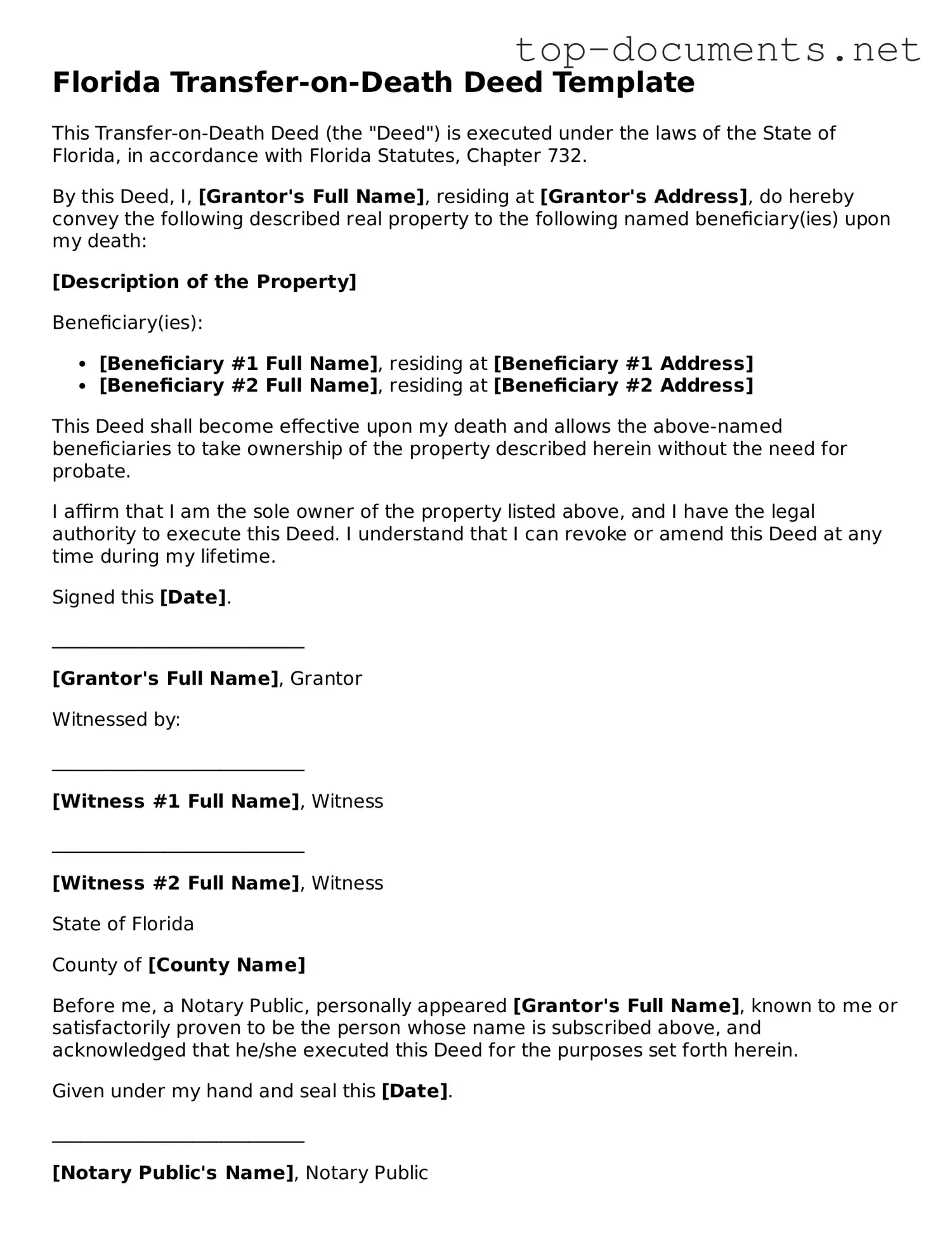 Printable Transfer-on-Death Deed Form for the State of Florida