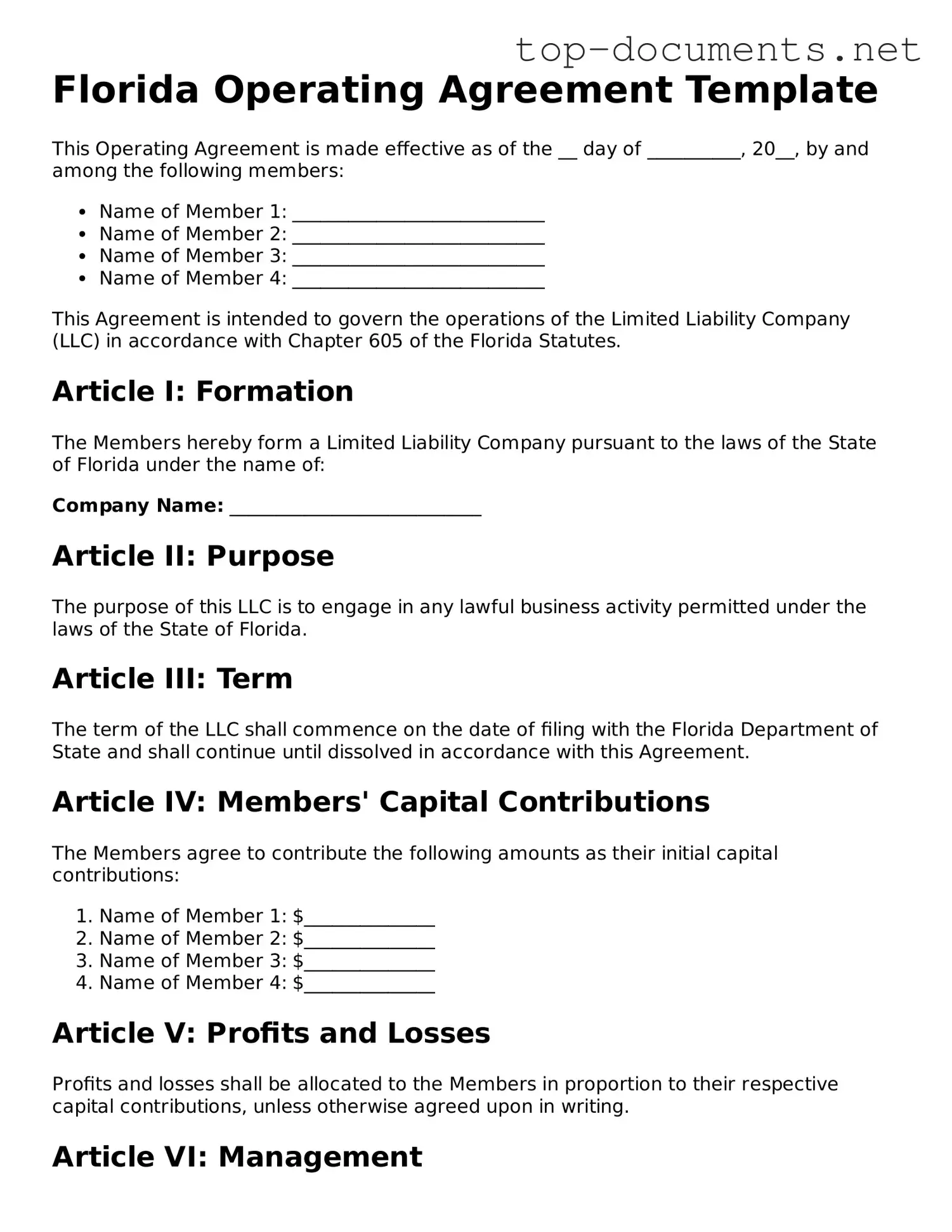 Printable Operating Agreement Form for the State of Florida
