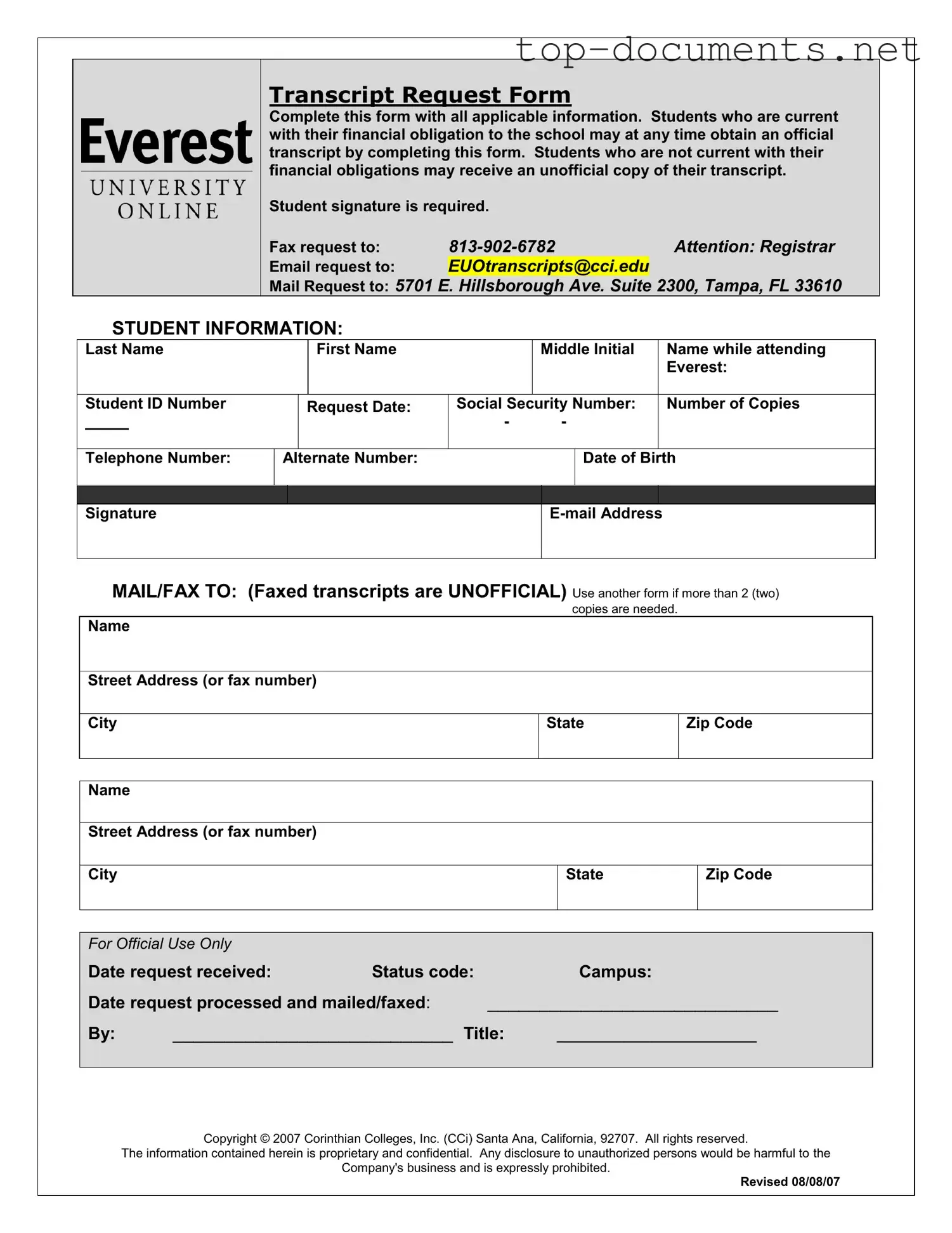 Free Everest University Transcript PDF Form