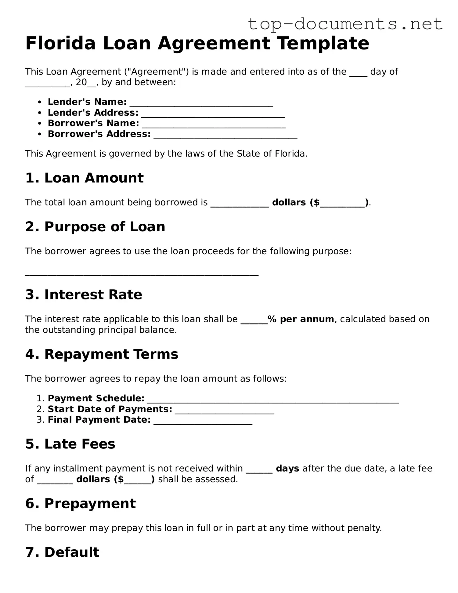 Printable Loan Agreement Form for the State of Florida