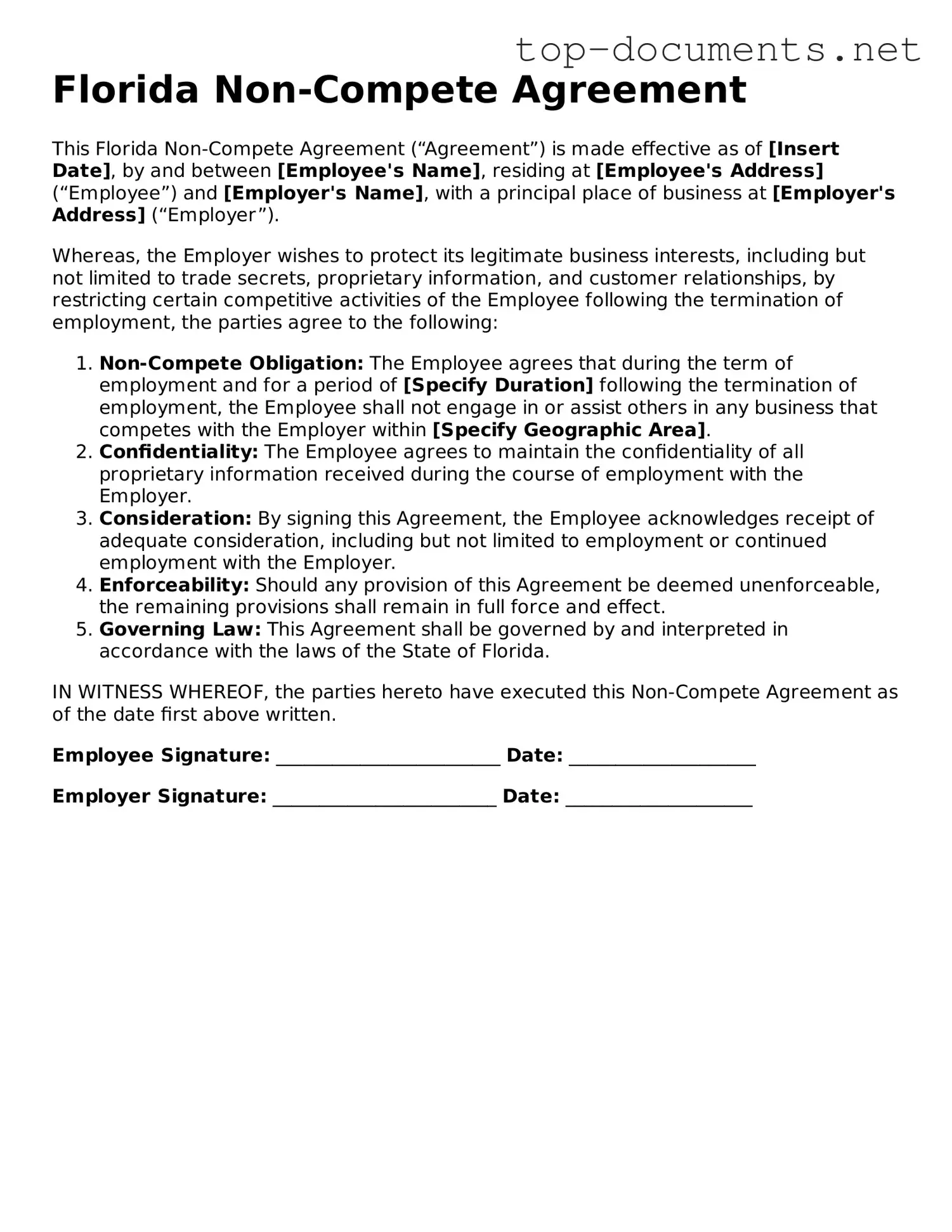 Printable Non-compete Agreement Form for the State of Florida
