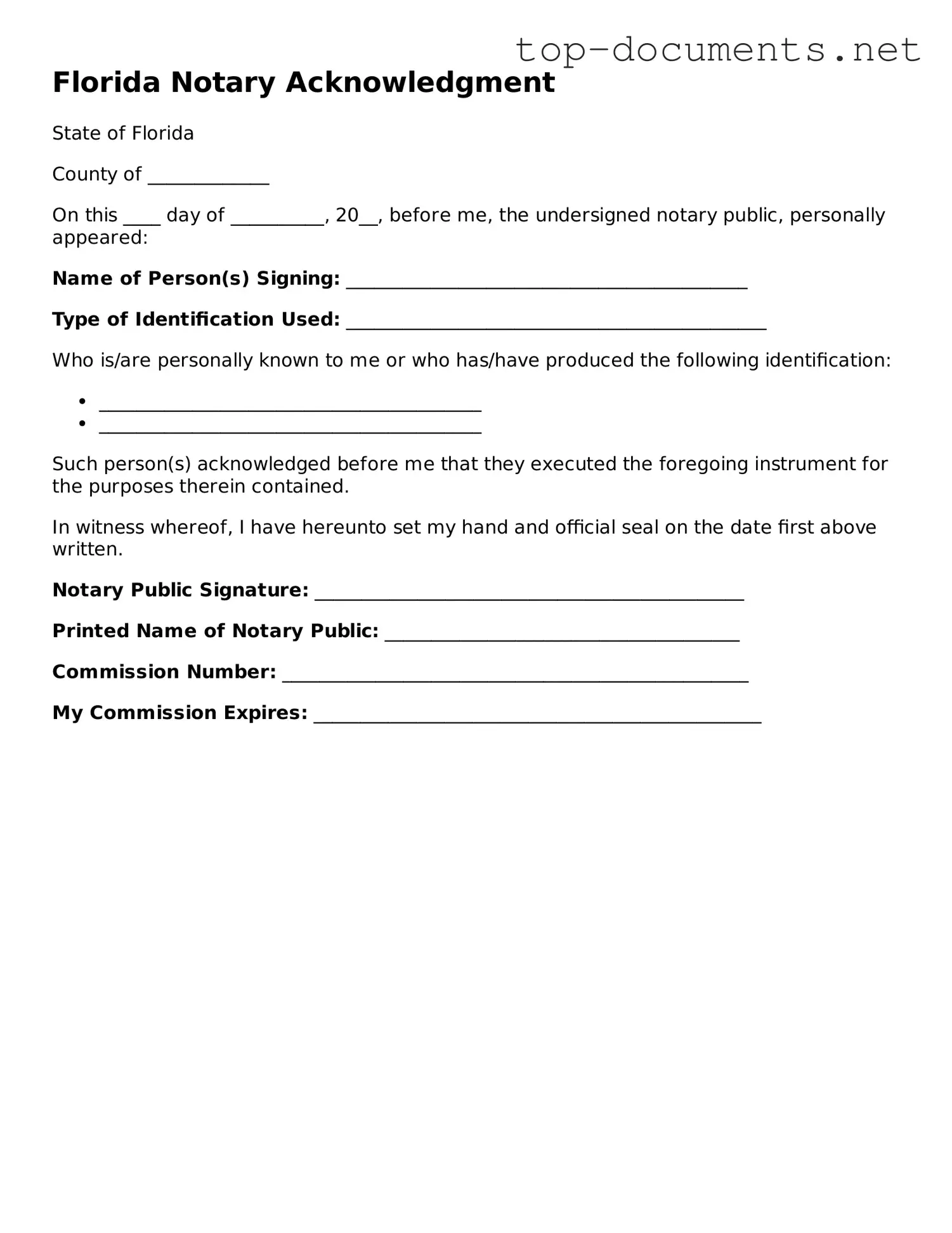 Printable Notary Acknowledgement Form for the State of Florida