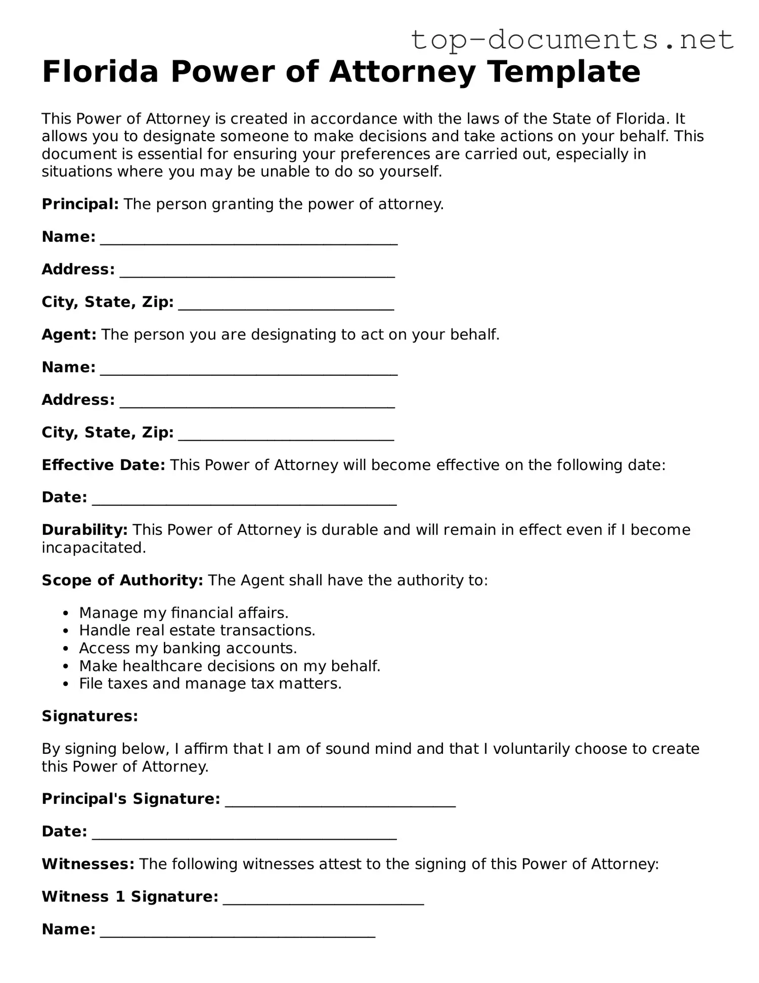 Printable Power of Attorney Form for the State of Florida