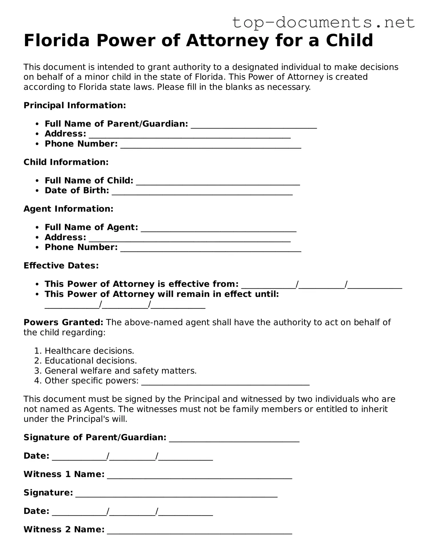 Printable Power of Attorney for a Child Form for the State of Florida