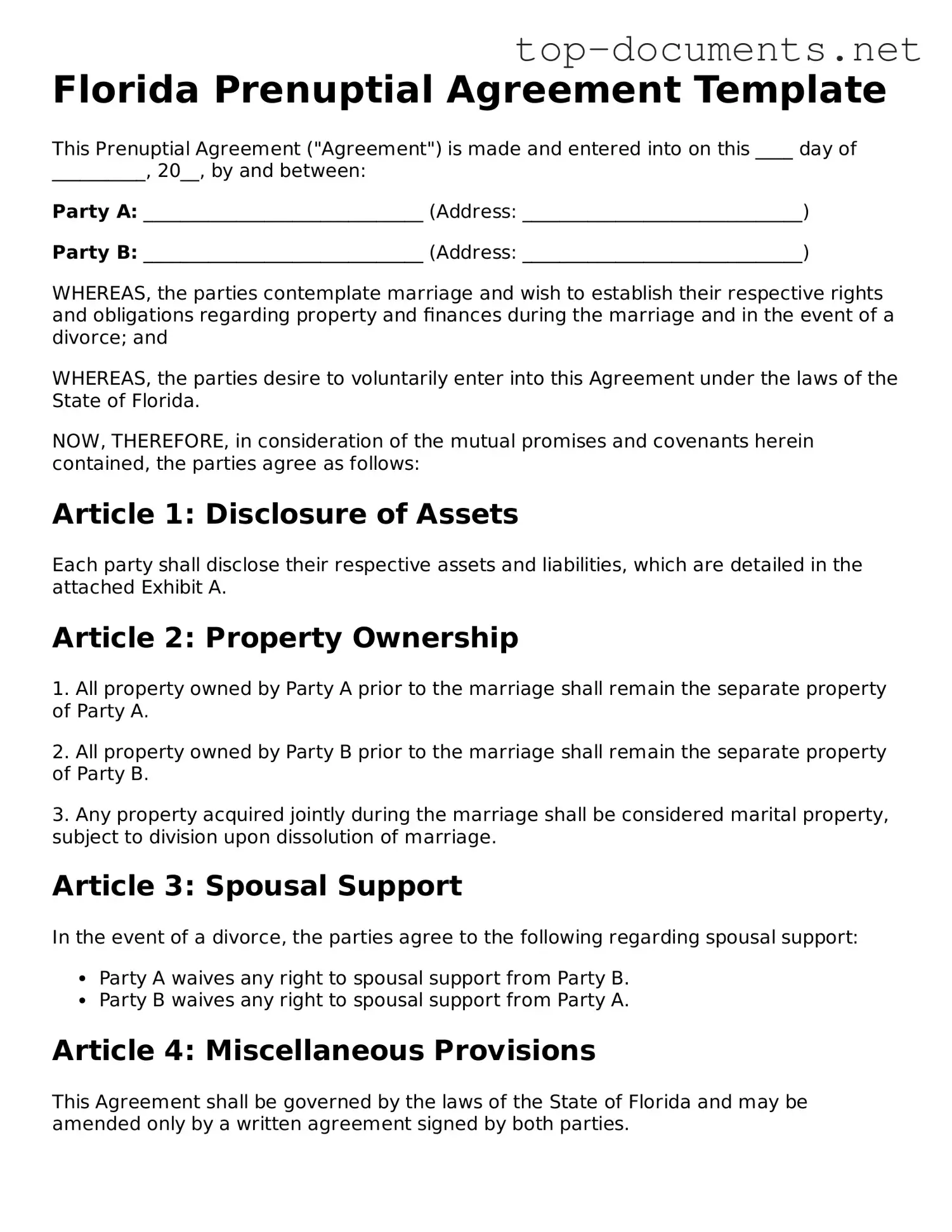 Printable Prenuptial Agreement Form for the State of Florida