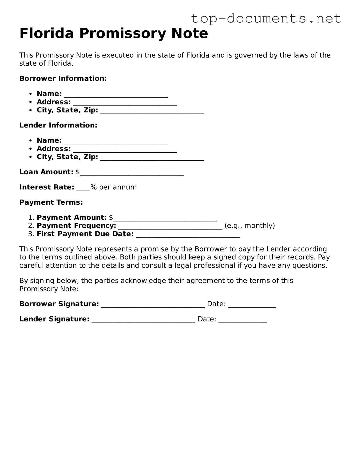 Printable Promissory Note Form for the State of Florida