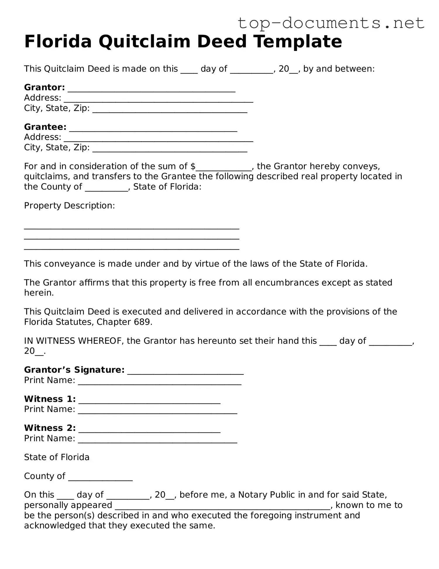 Printable Quitclaim Deed Form for the State of Florida