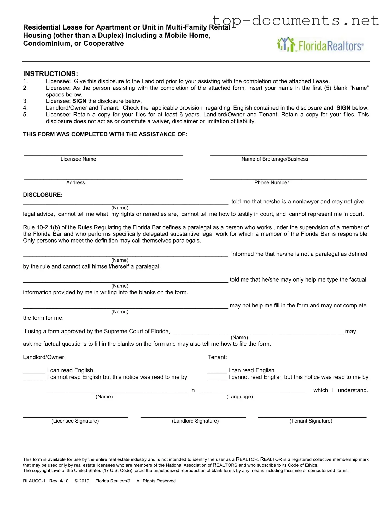 Free Florida Realtors Residential Lease PDF Form