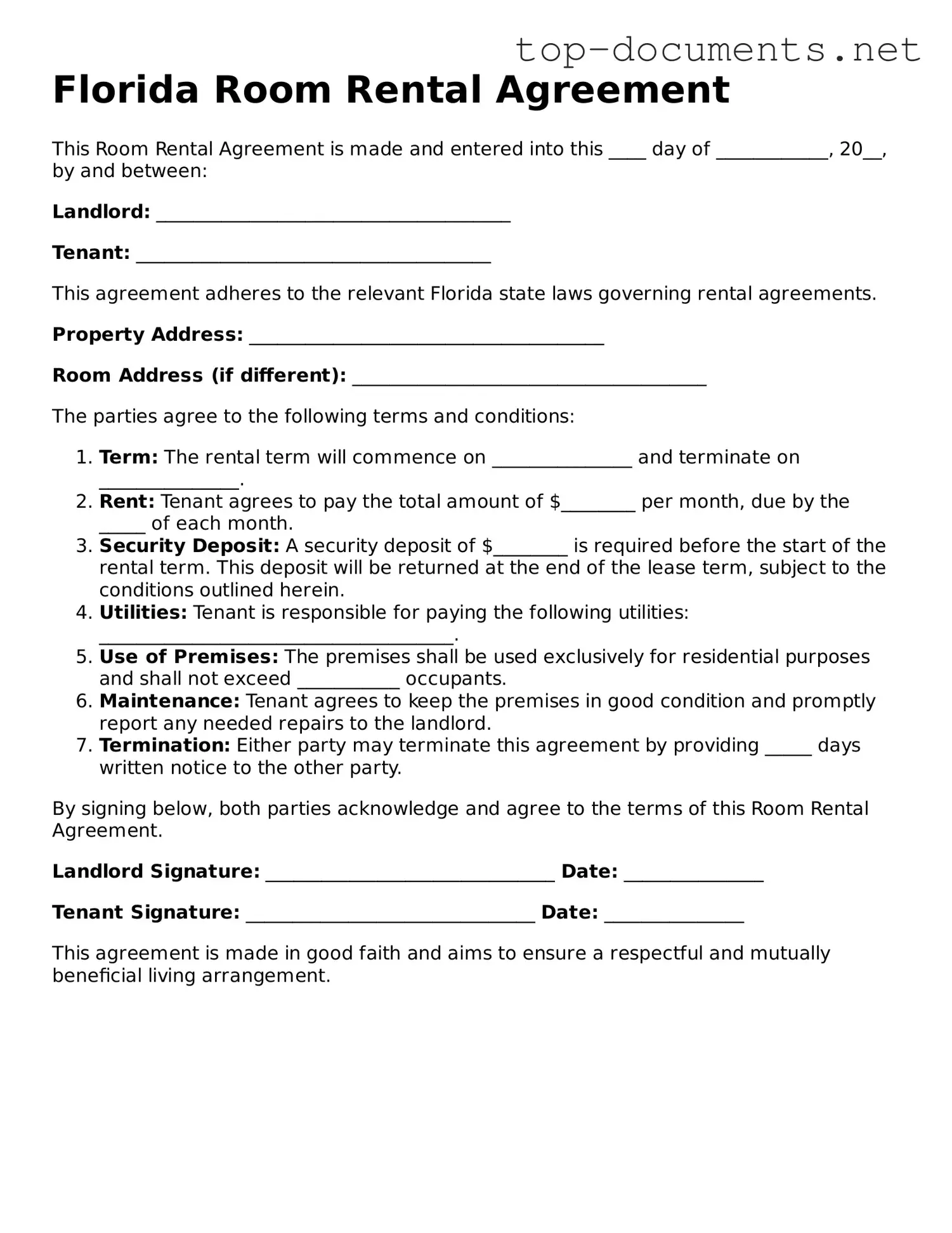 Printable Room Rental Agreement Form for the State of Florida