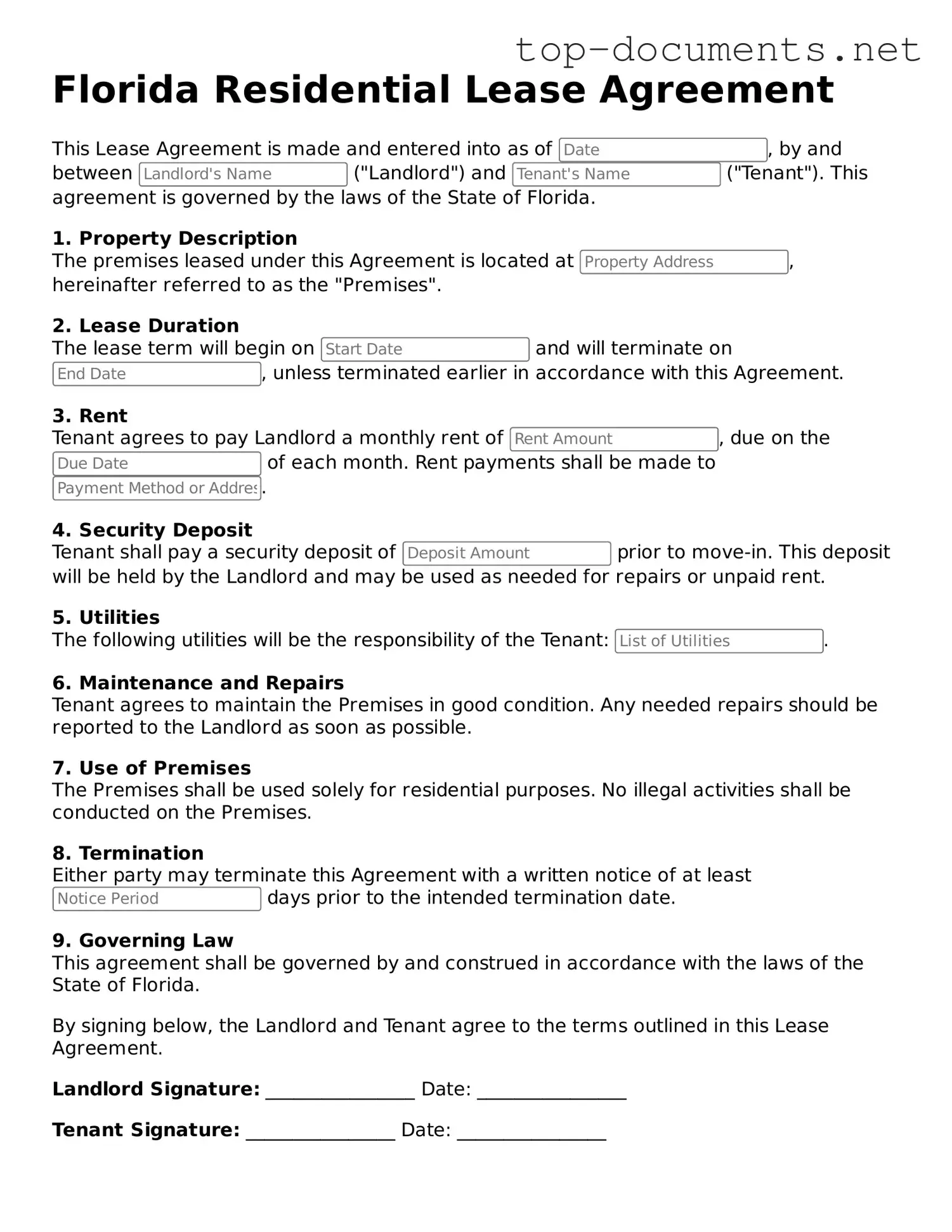 Printable Residential Lease Agreement Form for the State of Florida