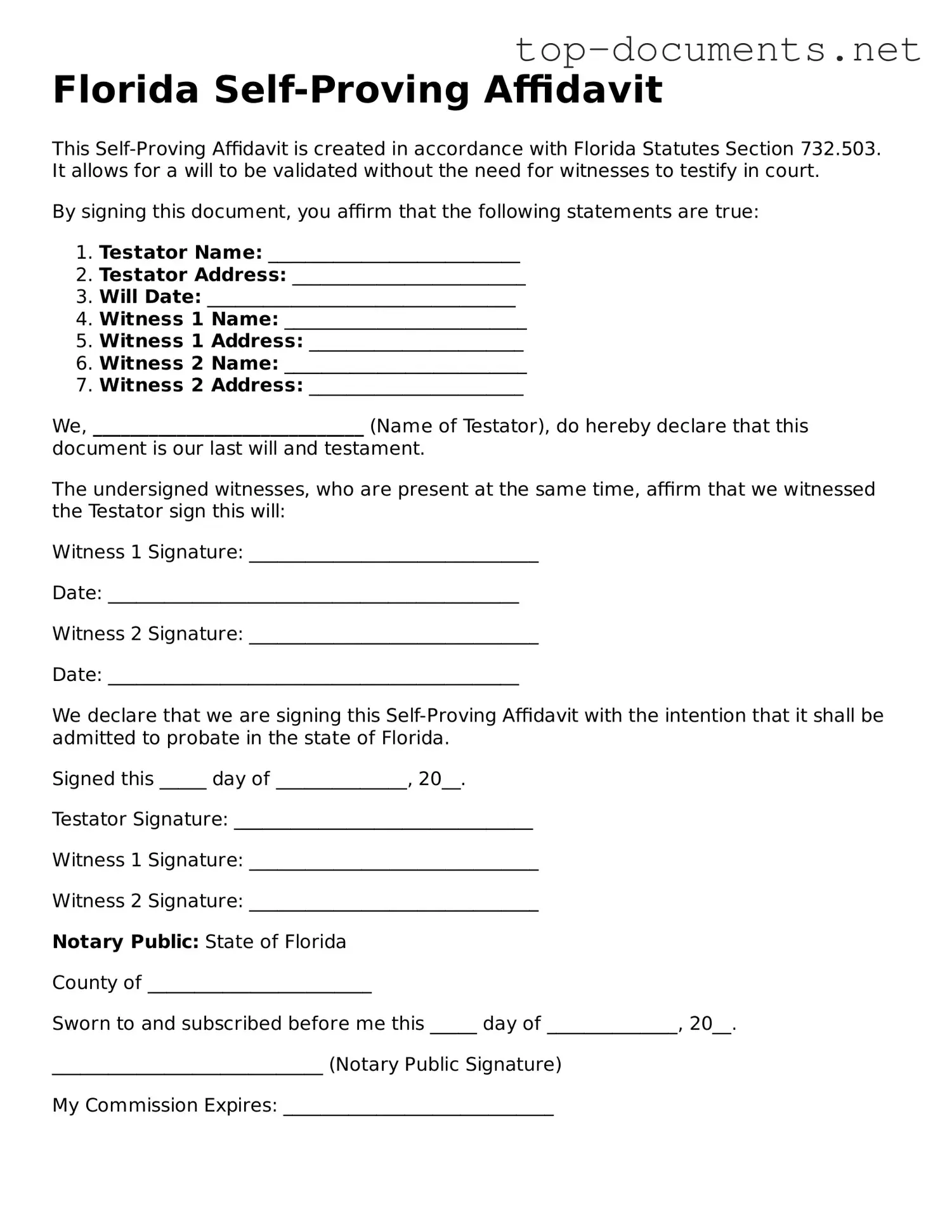 Printable Self-Proving Affidavit Form for the State of Florida