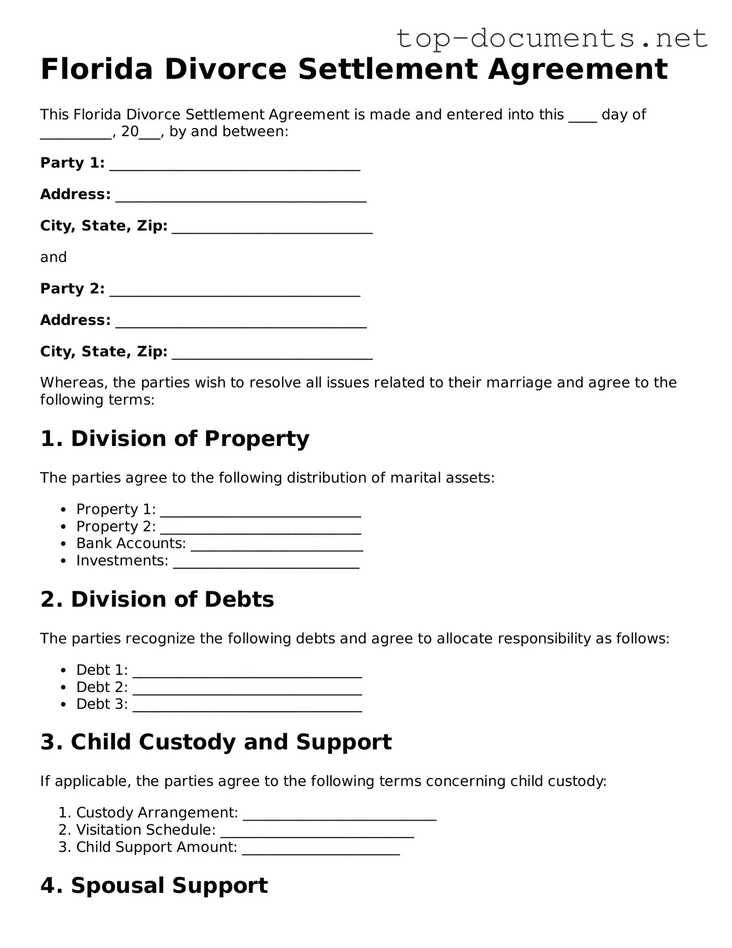 Printable Divorce Settlement Agreement Form for the State of Florida