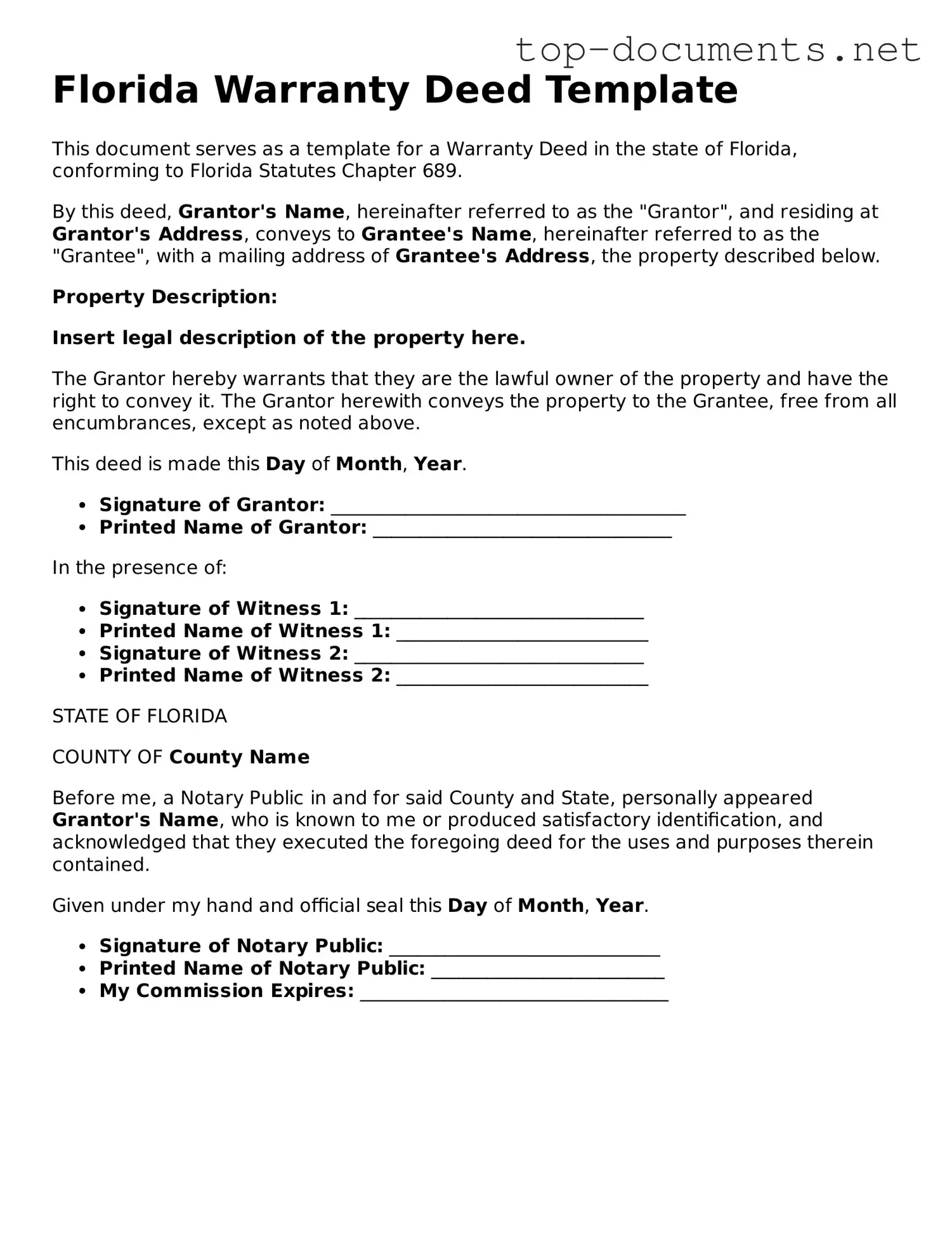 Printable Deed Form for the State of Florida