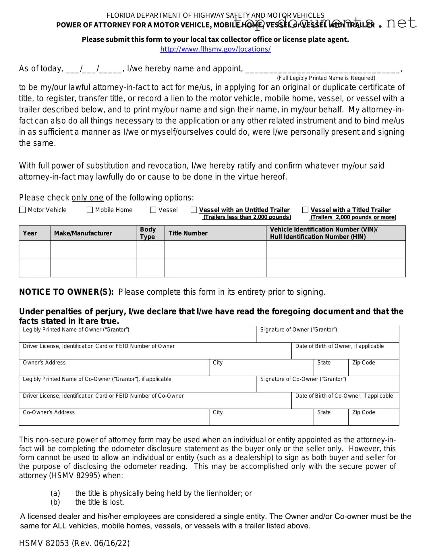 Free Florida Vehicle POA form 82053 PDF Form
