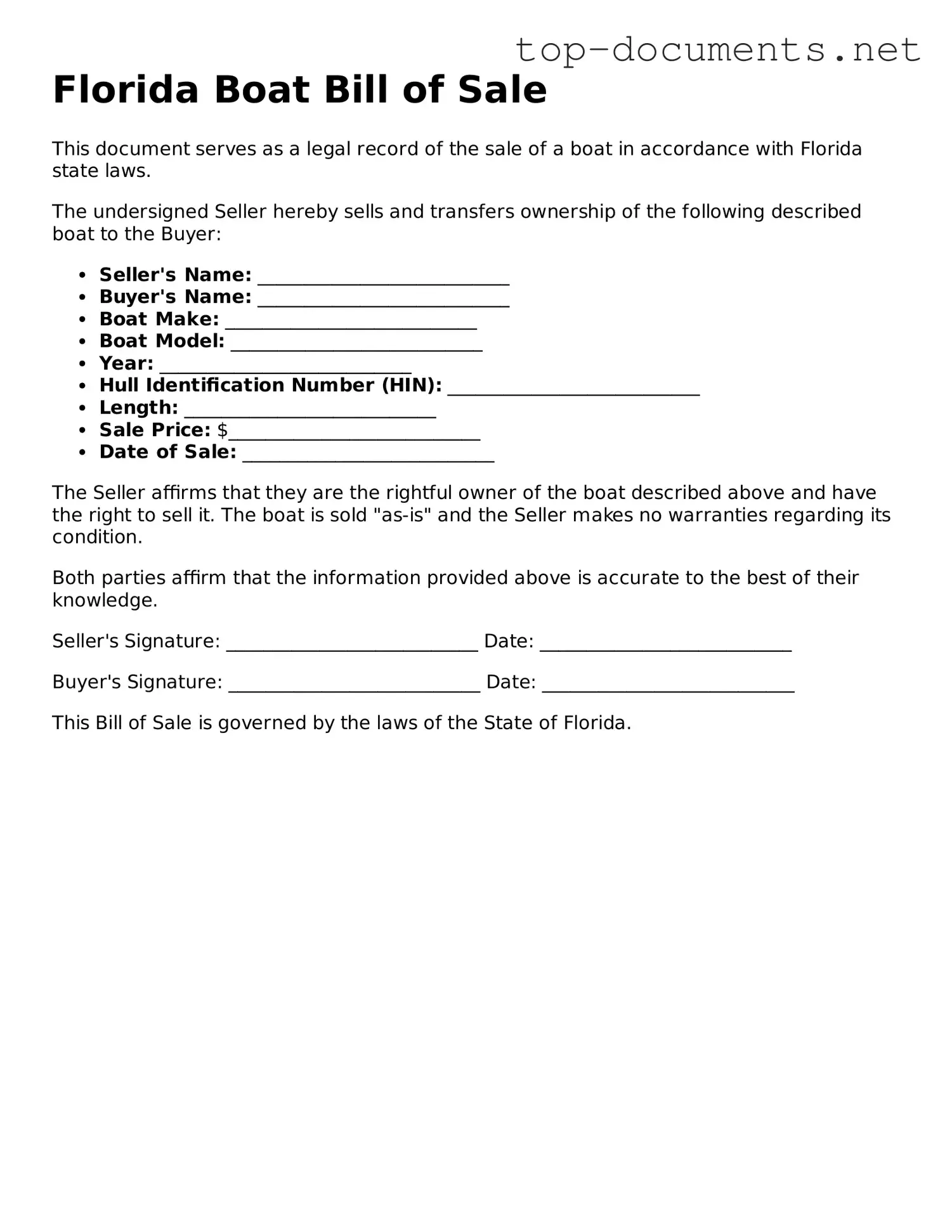 Printable Boat Bill of Sale Form for the State of Florida