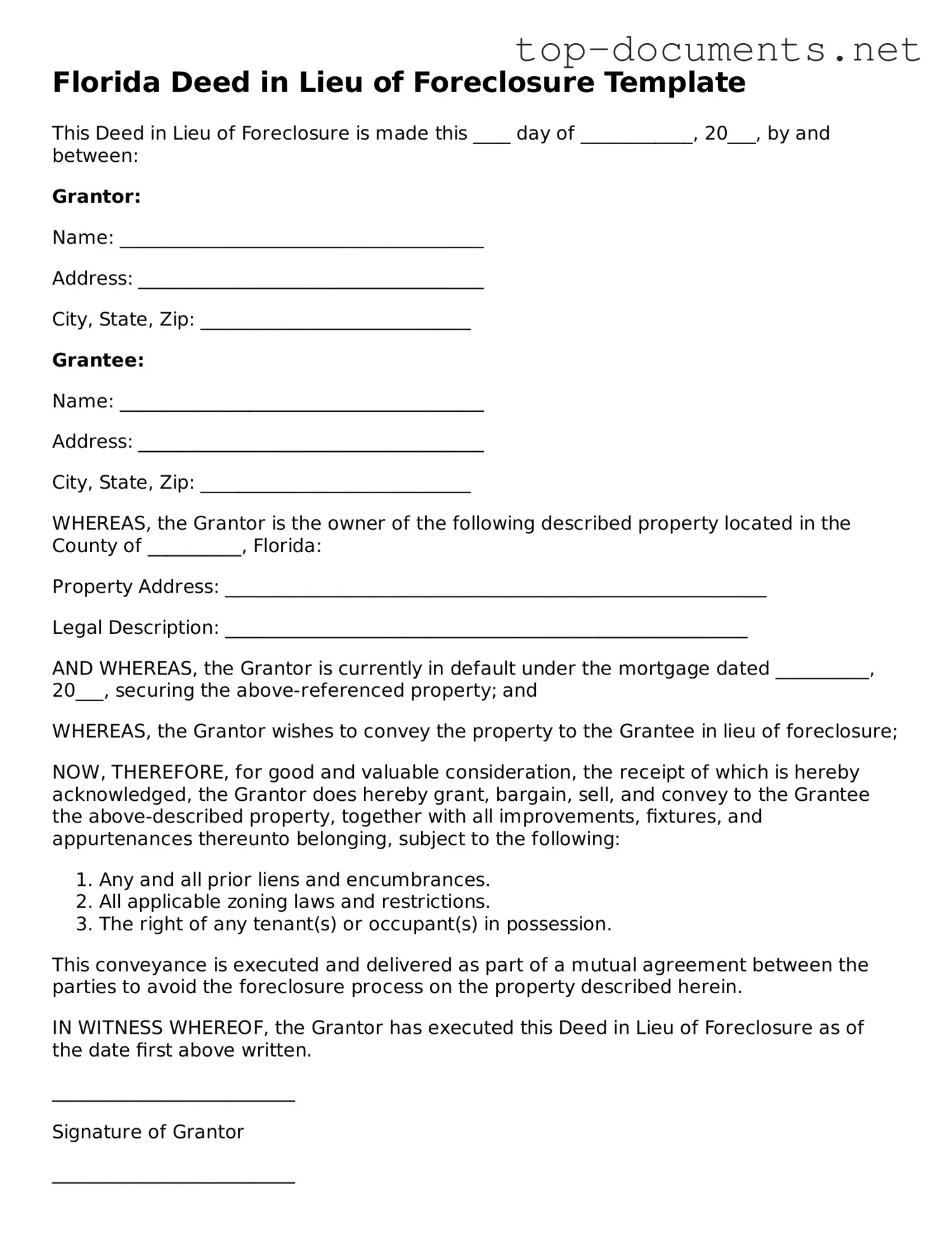 Printable Deed in Lieu of Foreclosure Form for the State of Florida