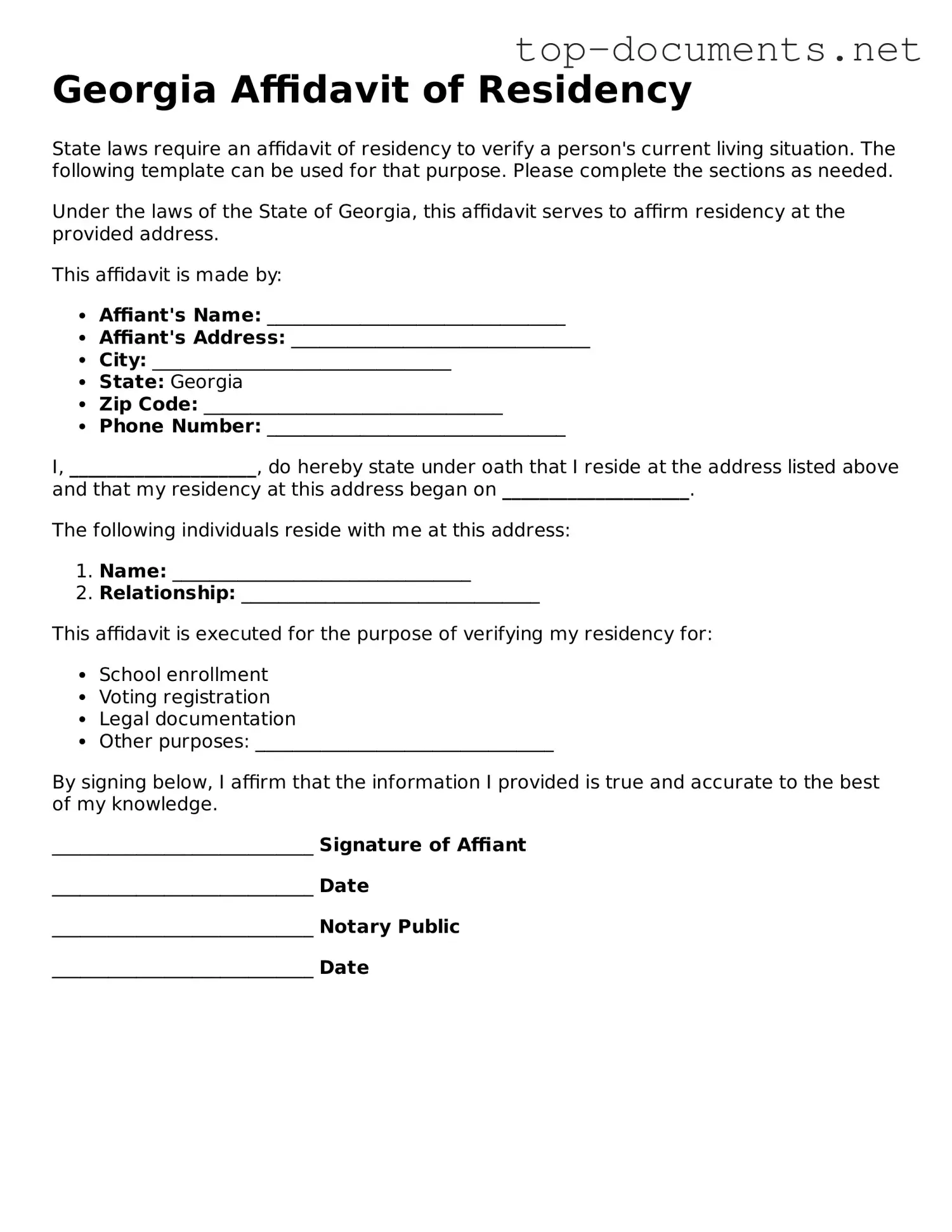 Printable Affidavit of Residency Form for the State of Georgia