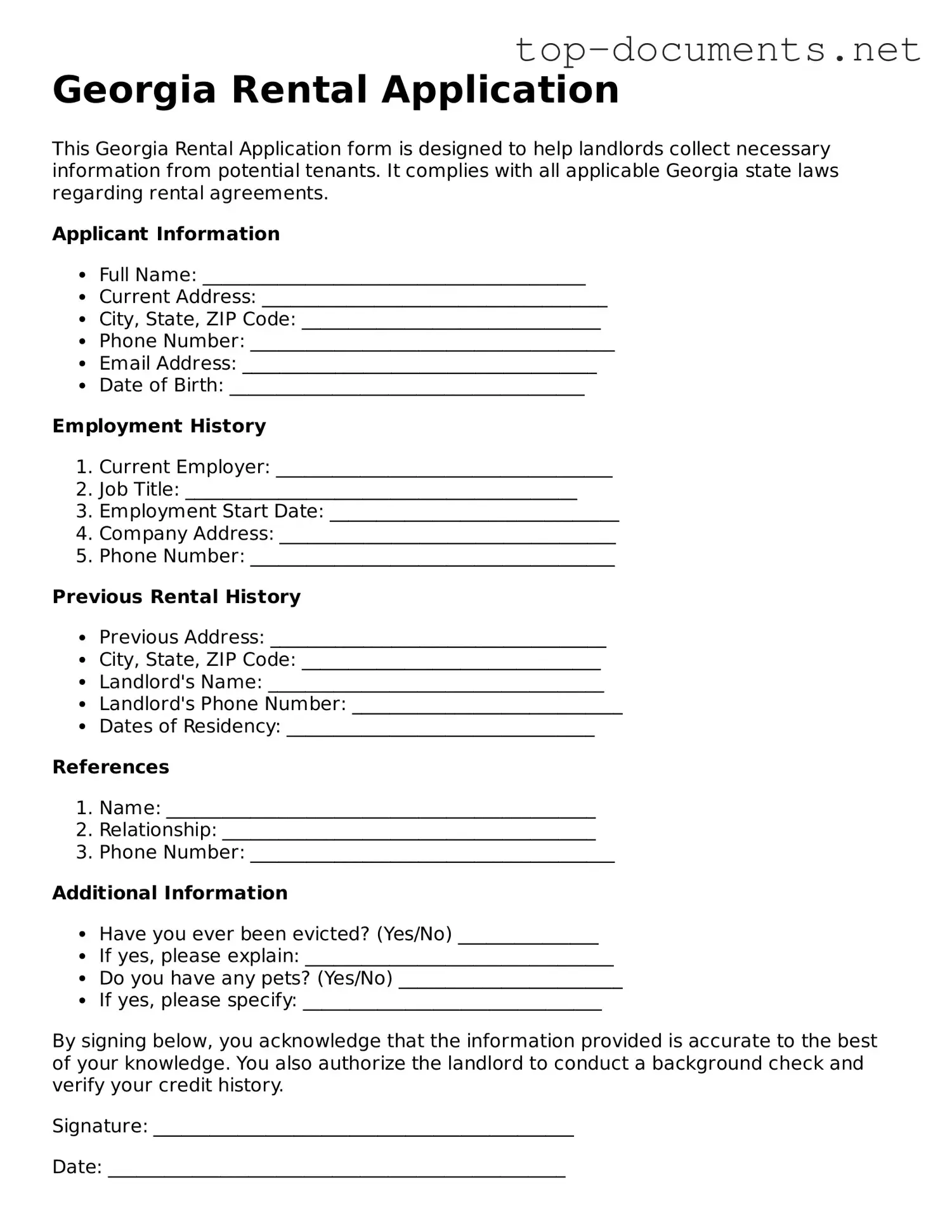 Printable Rental Application Form for the State of Georgia