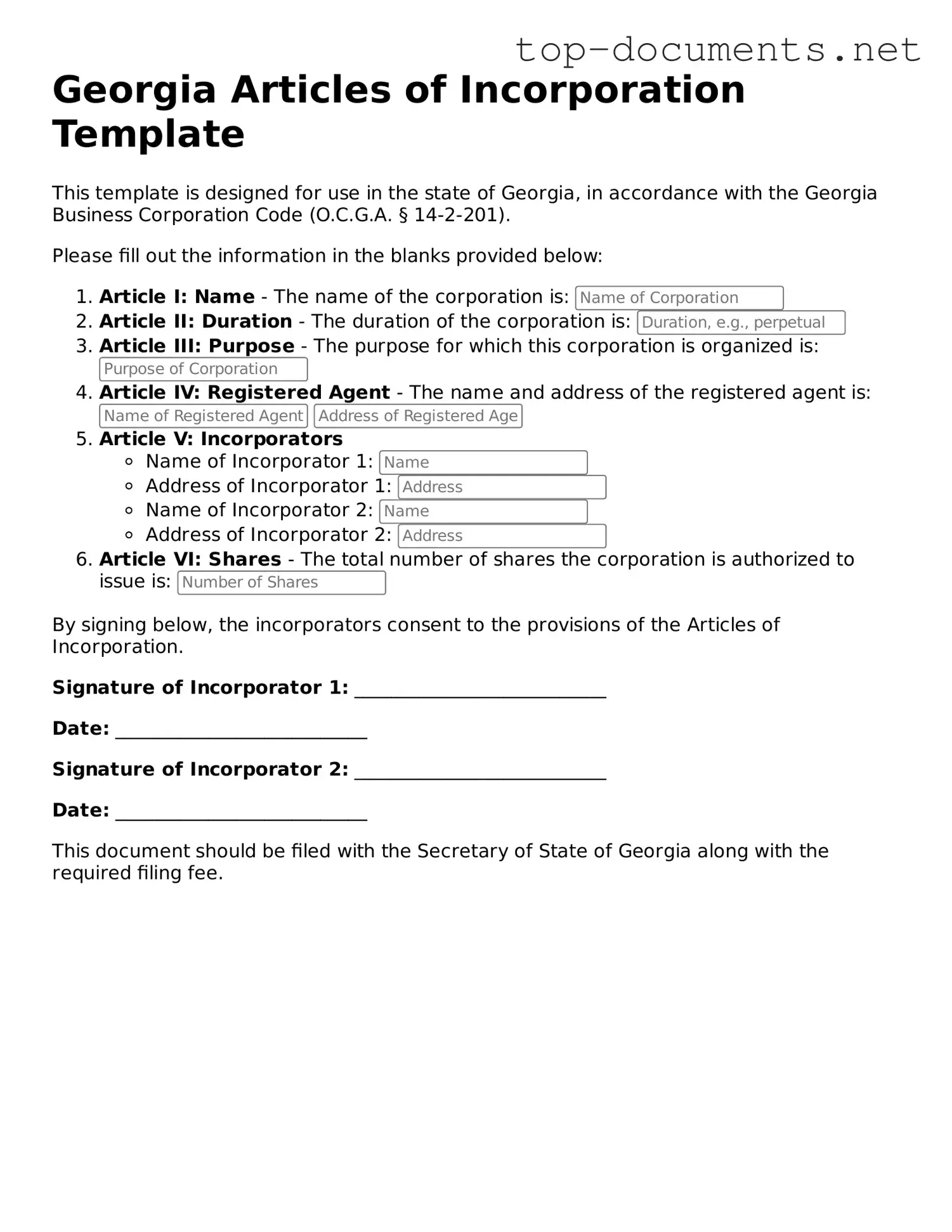 Printable Articles of Incorporation Form for the State of Georgia