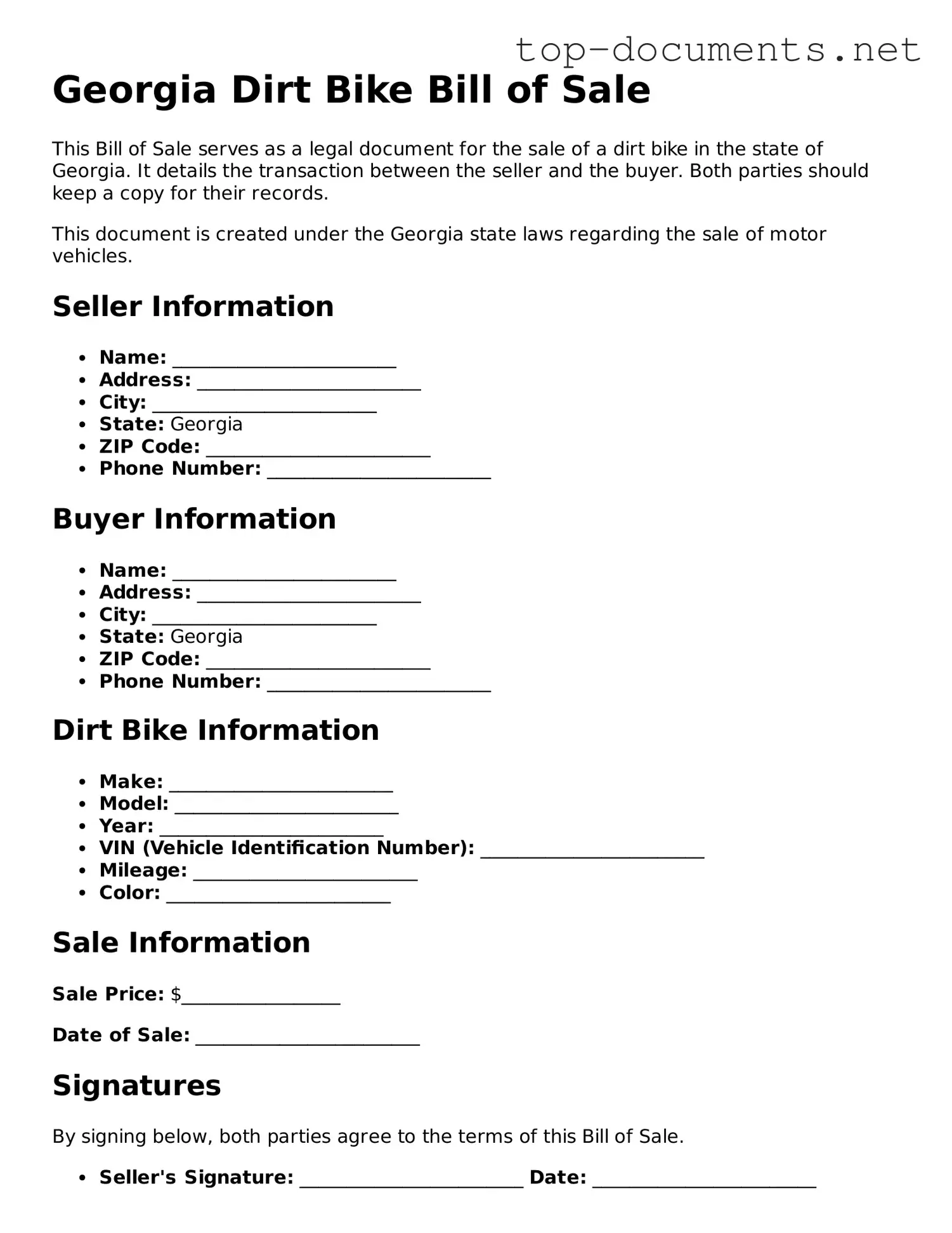 Printable Dirt Bike Bill of Sale Form for the State of Georgia