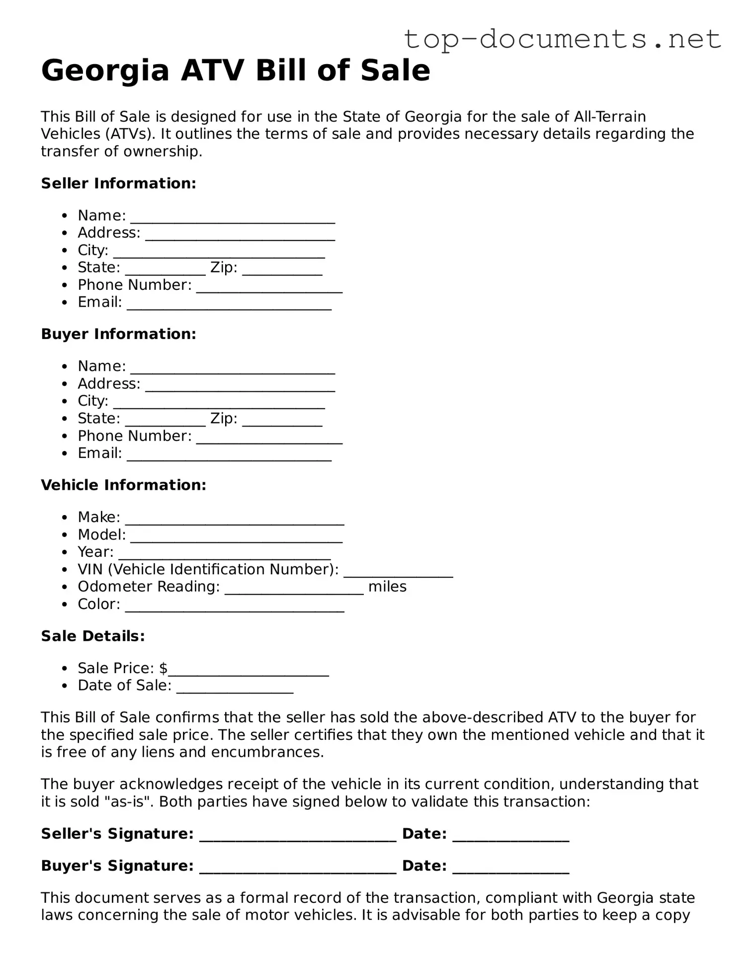 Printable ATV Bill of Sale Form for the State of Georgia