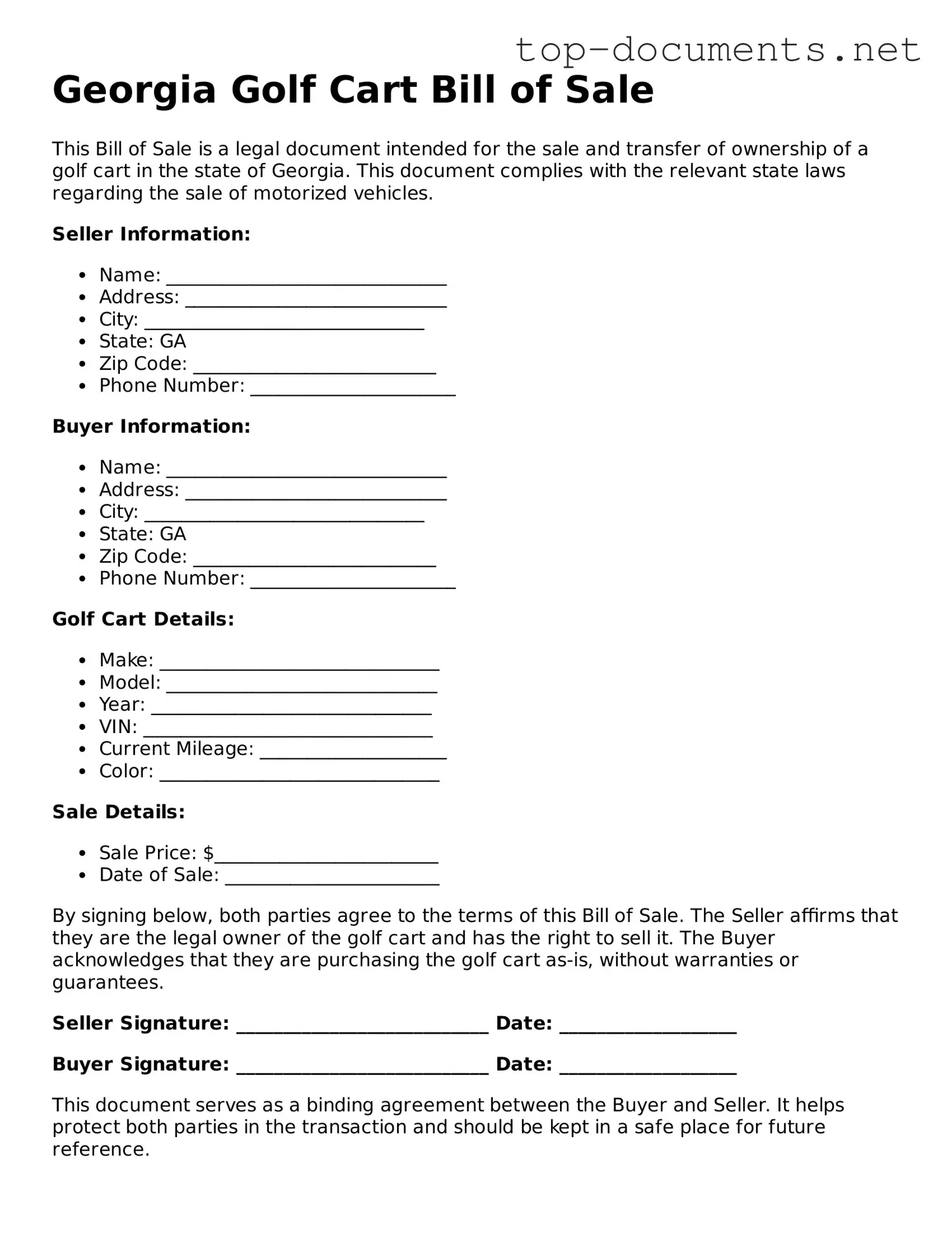 Printable Golf Cart Bill of Sale Form for the State of Georgia