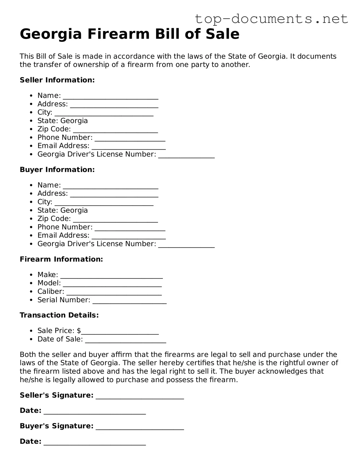 Printable Firearm Bill of Sale Form for the State of Georgia