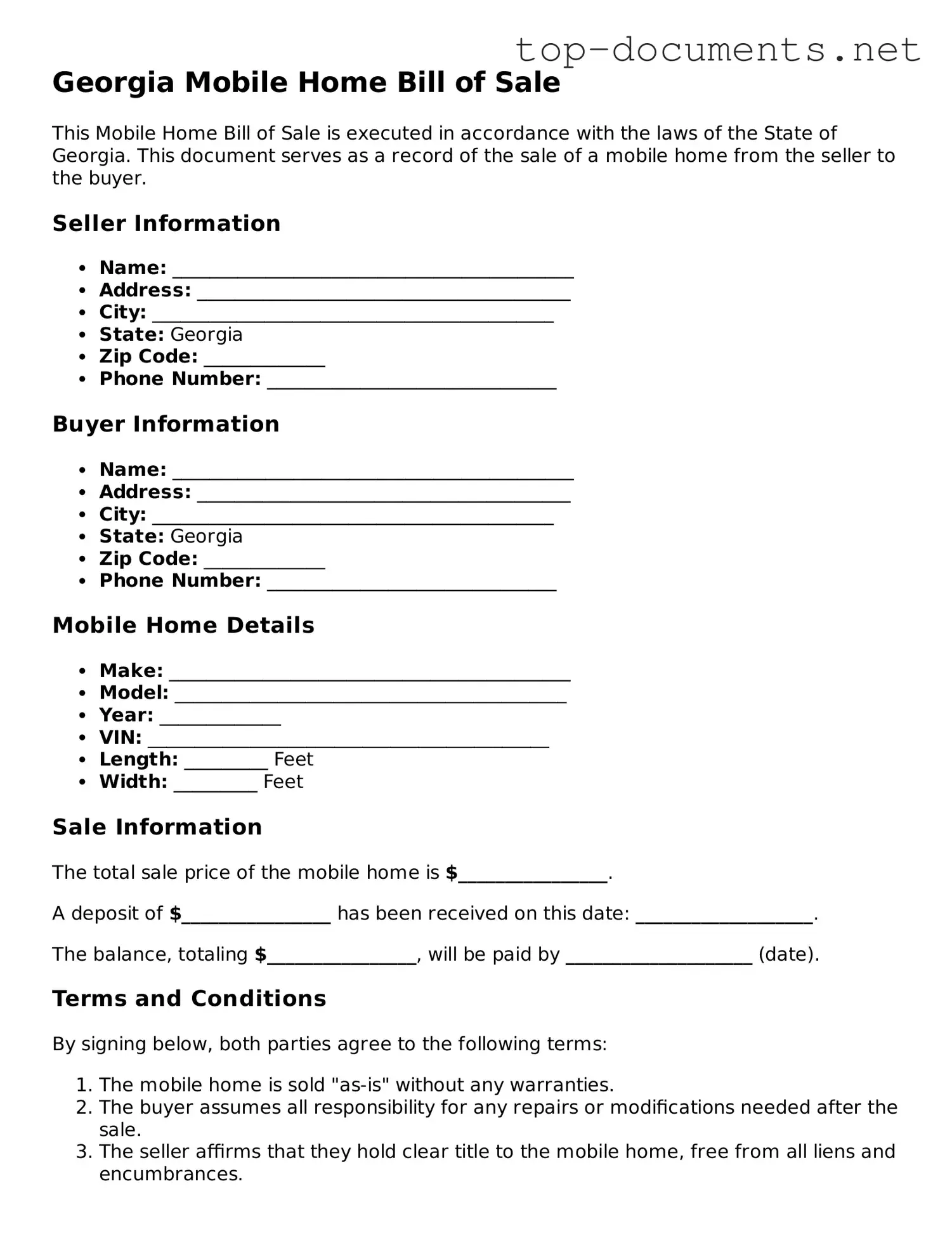 Printable Mobile Home Bill of Sale Form for the State of Georgia