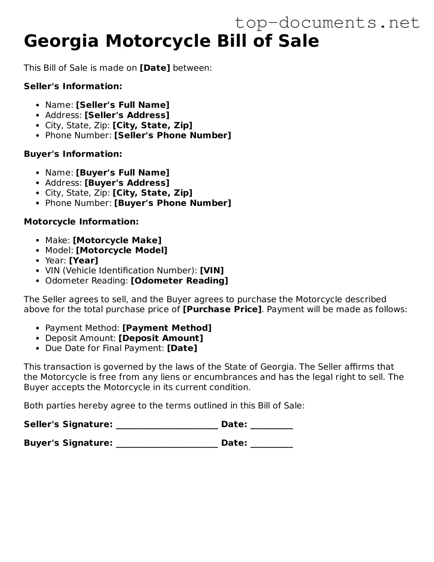 Printable Motorcycle Bill of Sale Form for the State of Georgia