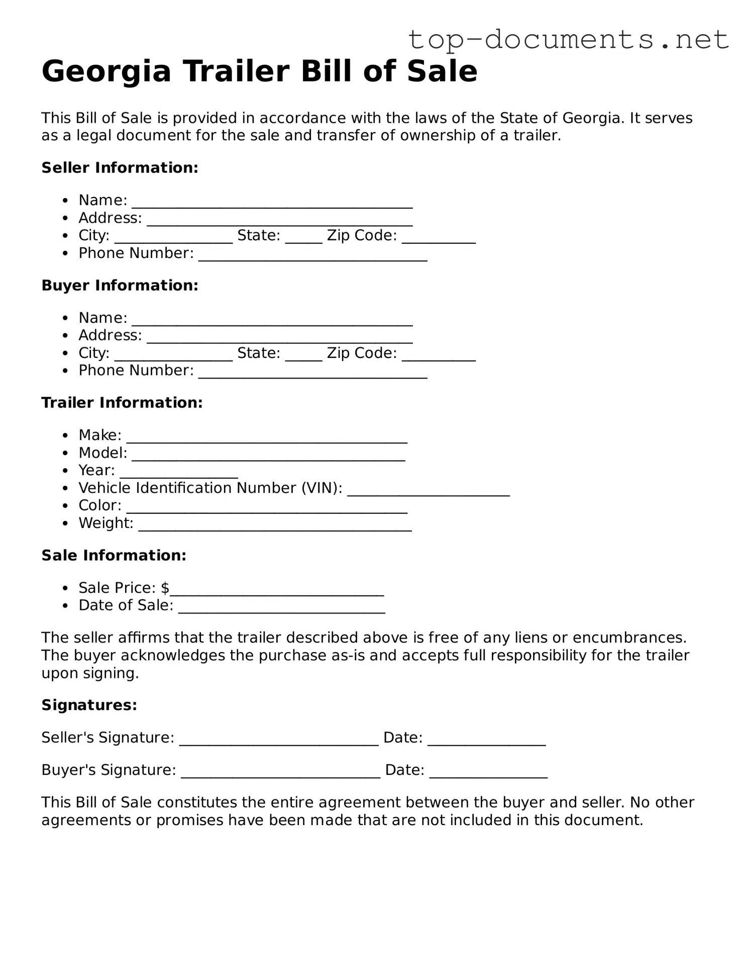 Printable Trailer Bill of Sale Form for the State of Georgia