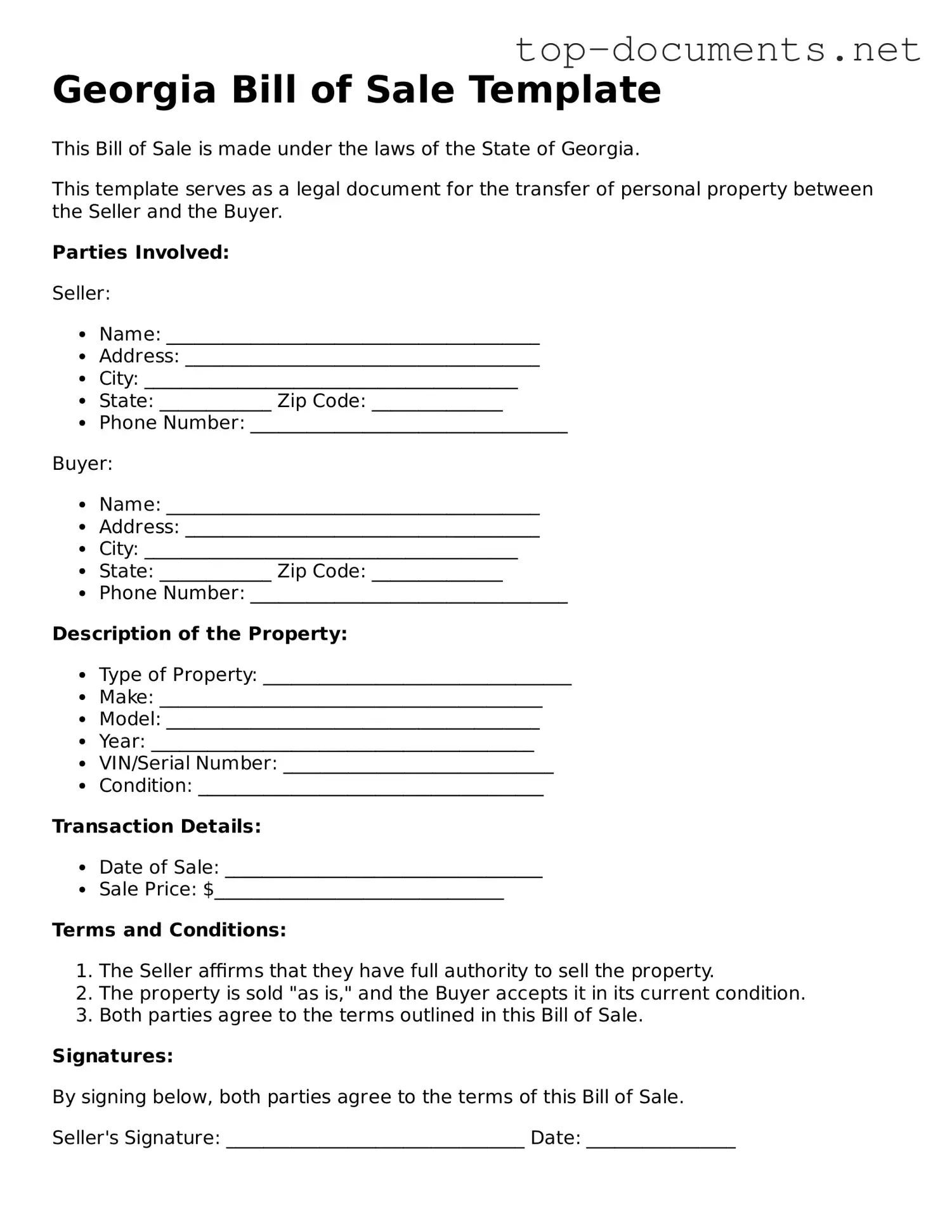 Printable Bill of Sale Form for the State of Georgia