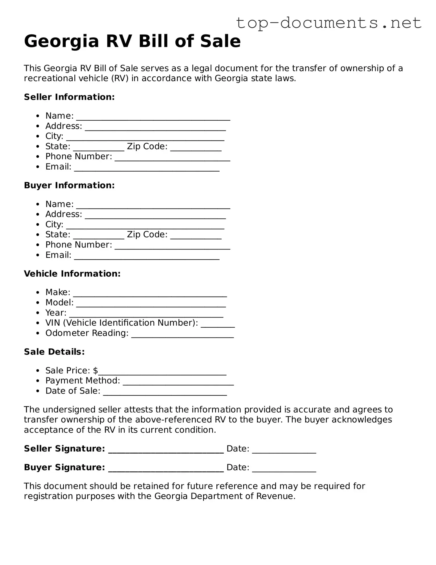 Printable RV Bill of Sale Form for the State of Georgia