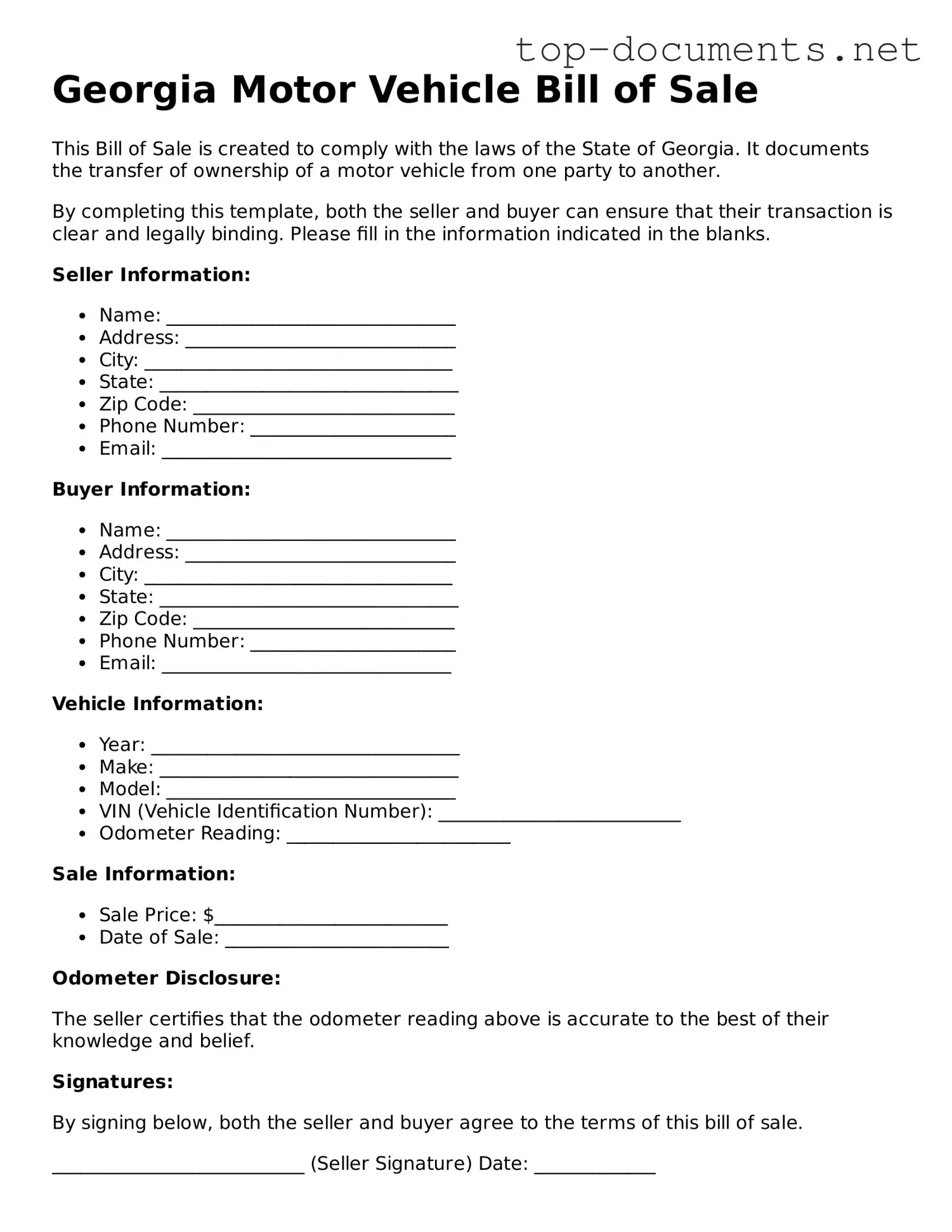 Printable Motor Vehicle Bill of Sale Form for the State of Georgia