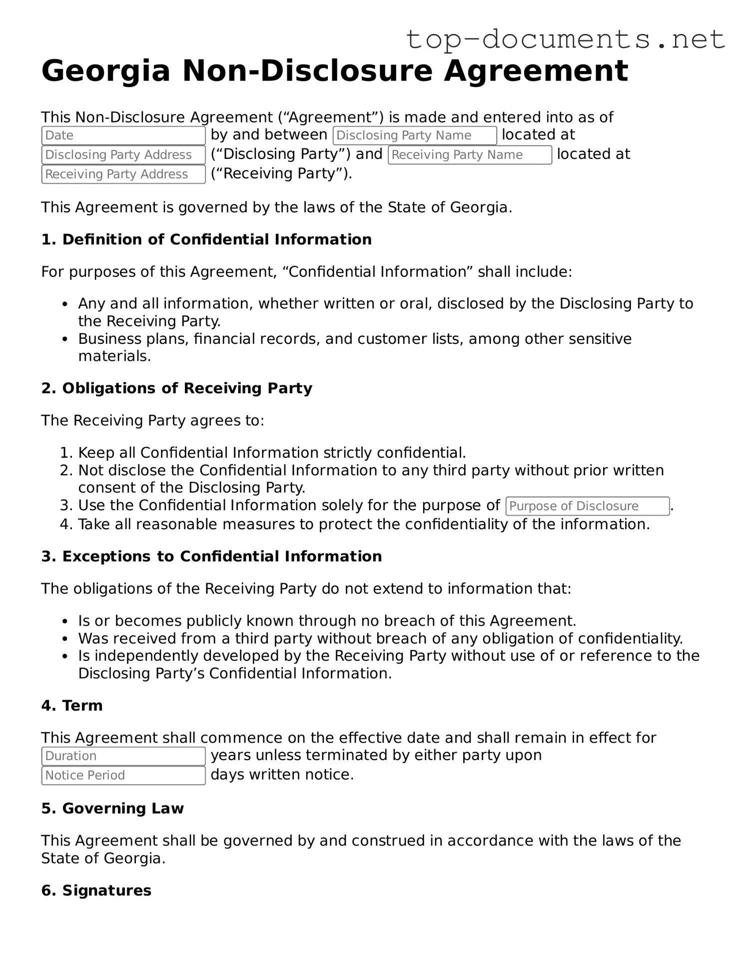 Printable Non-disclosure Agreement Form for the State of Georgia