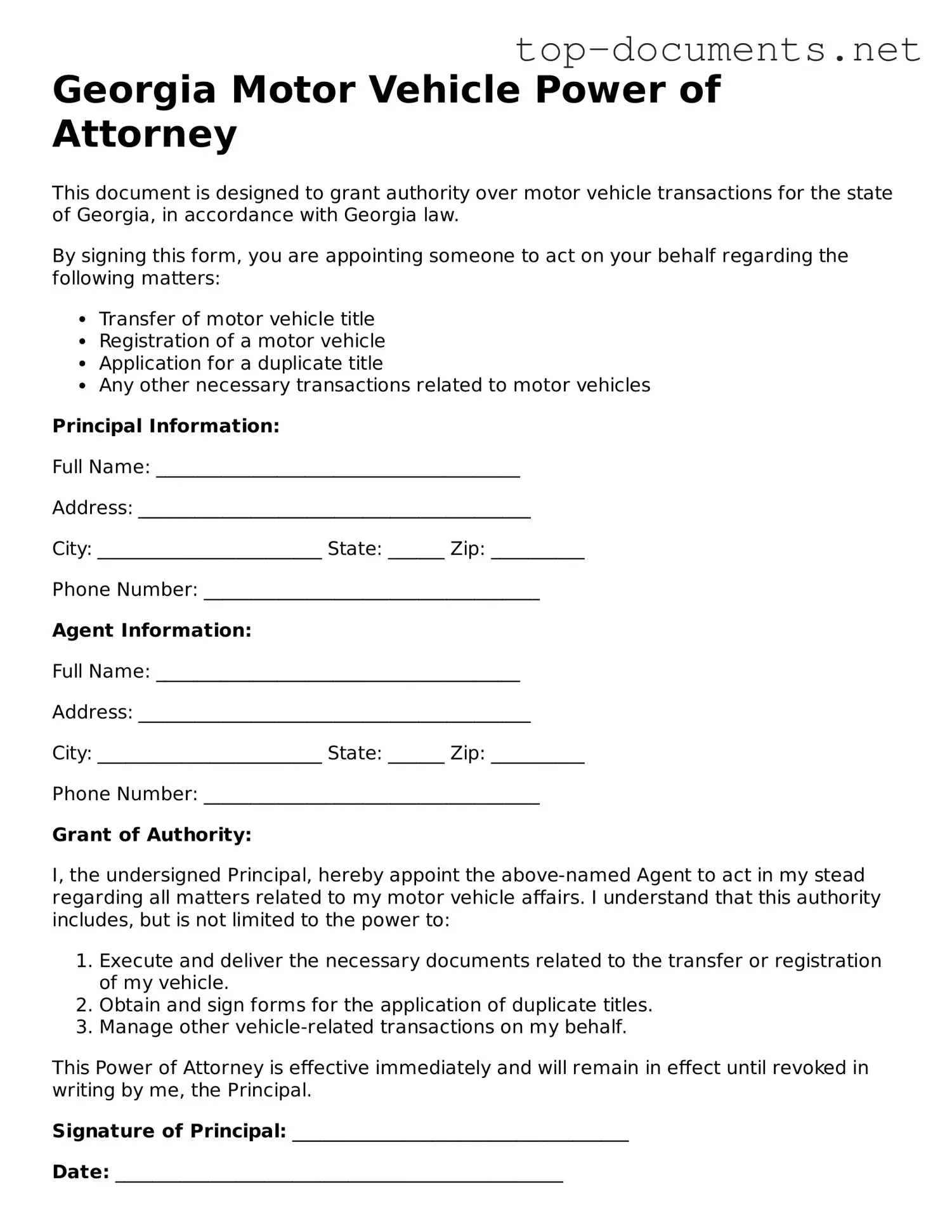 Printable Motor Vehicle Power of Attorney Form for the State of Georgia