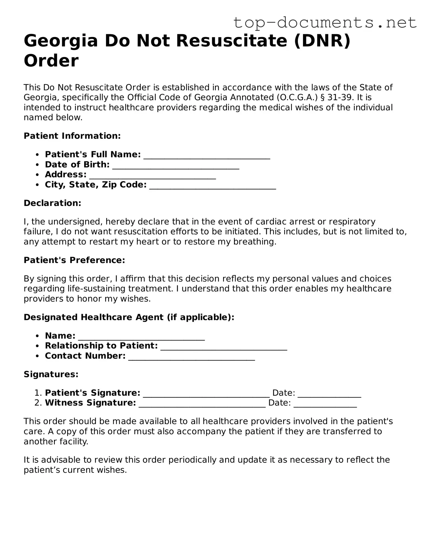 Printable Do Not Resuscitate Order Form for the State of Georgia