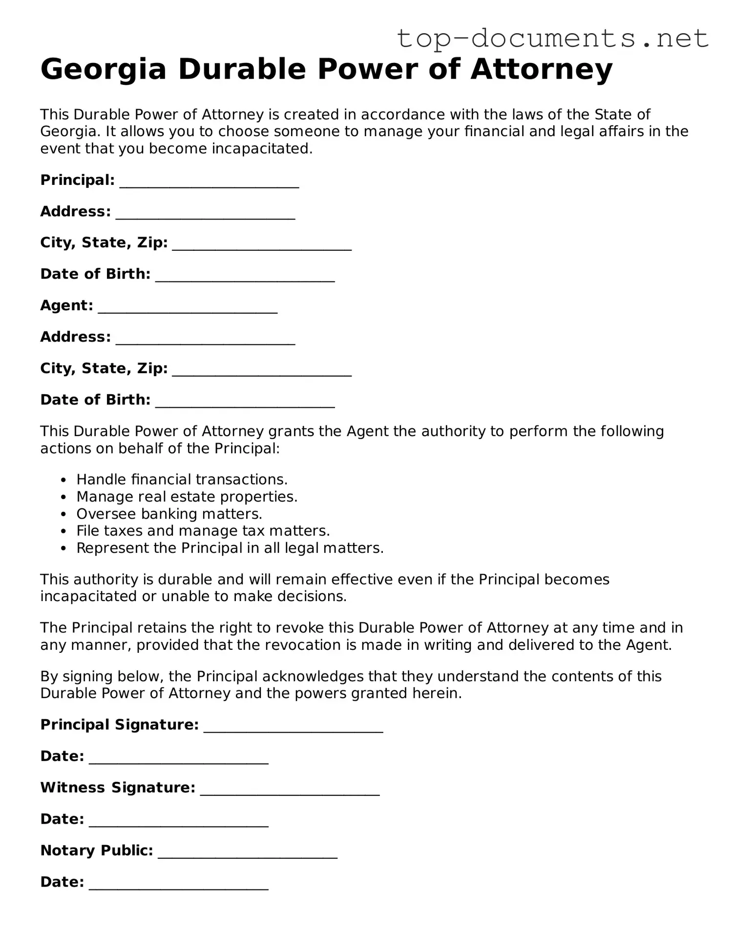 Printable Durable Power of Attorney Form for the State of Georgia