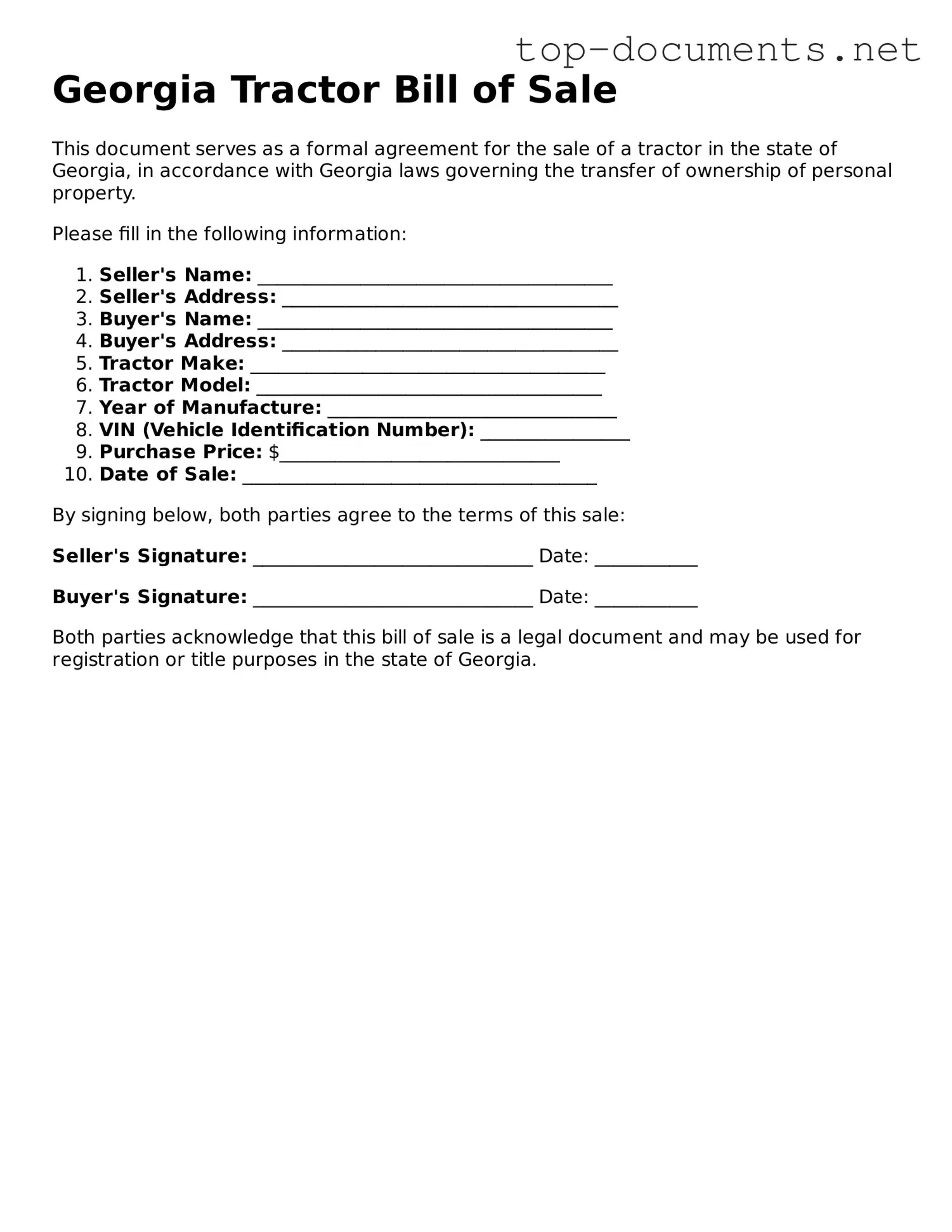 Printable Tractor Bill of Sale Form for the State of Georgia