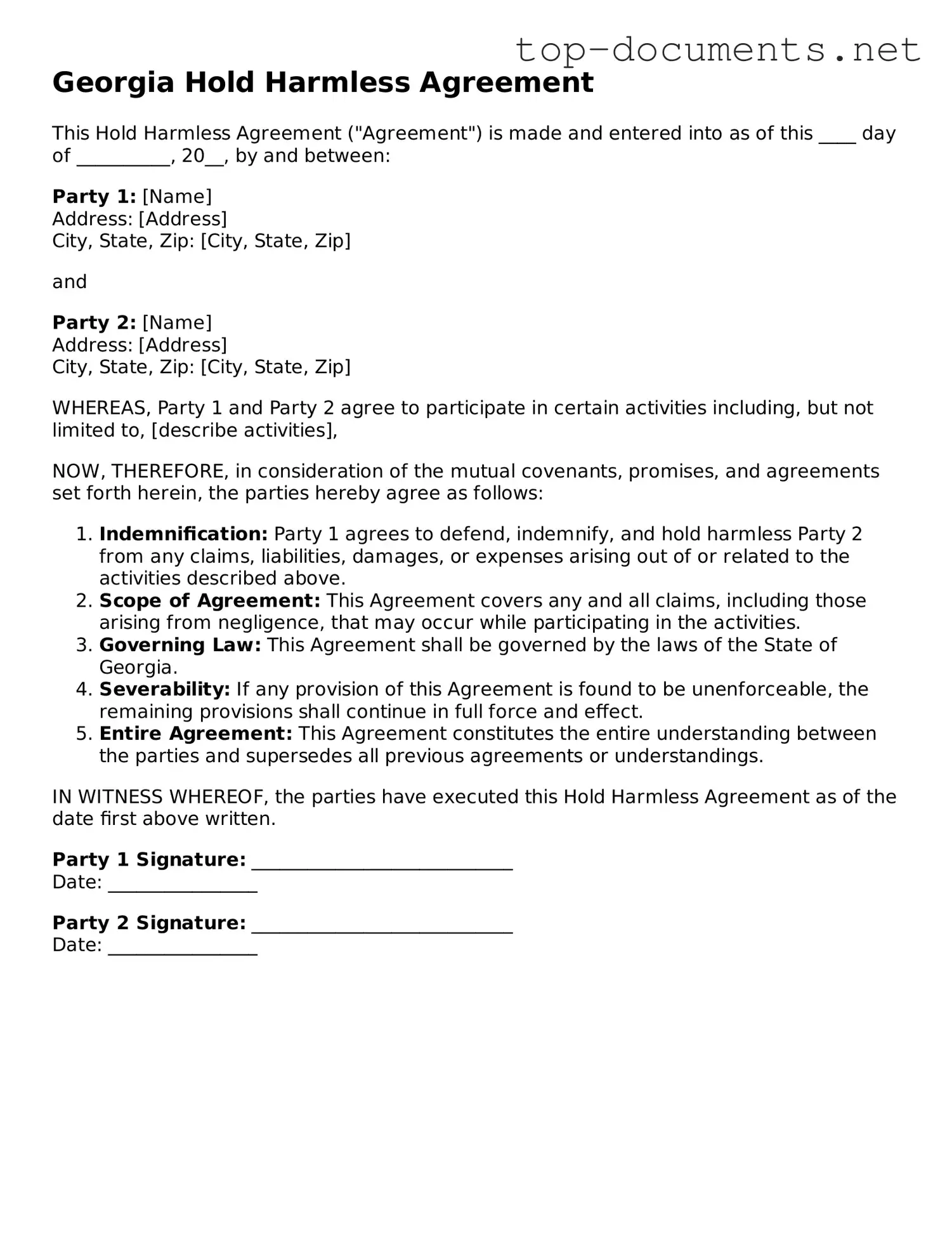 Printable Hold Harmless Agreement Form for the State of Georgia