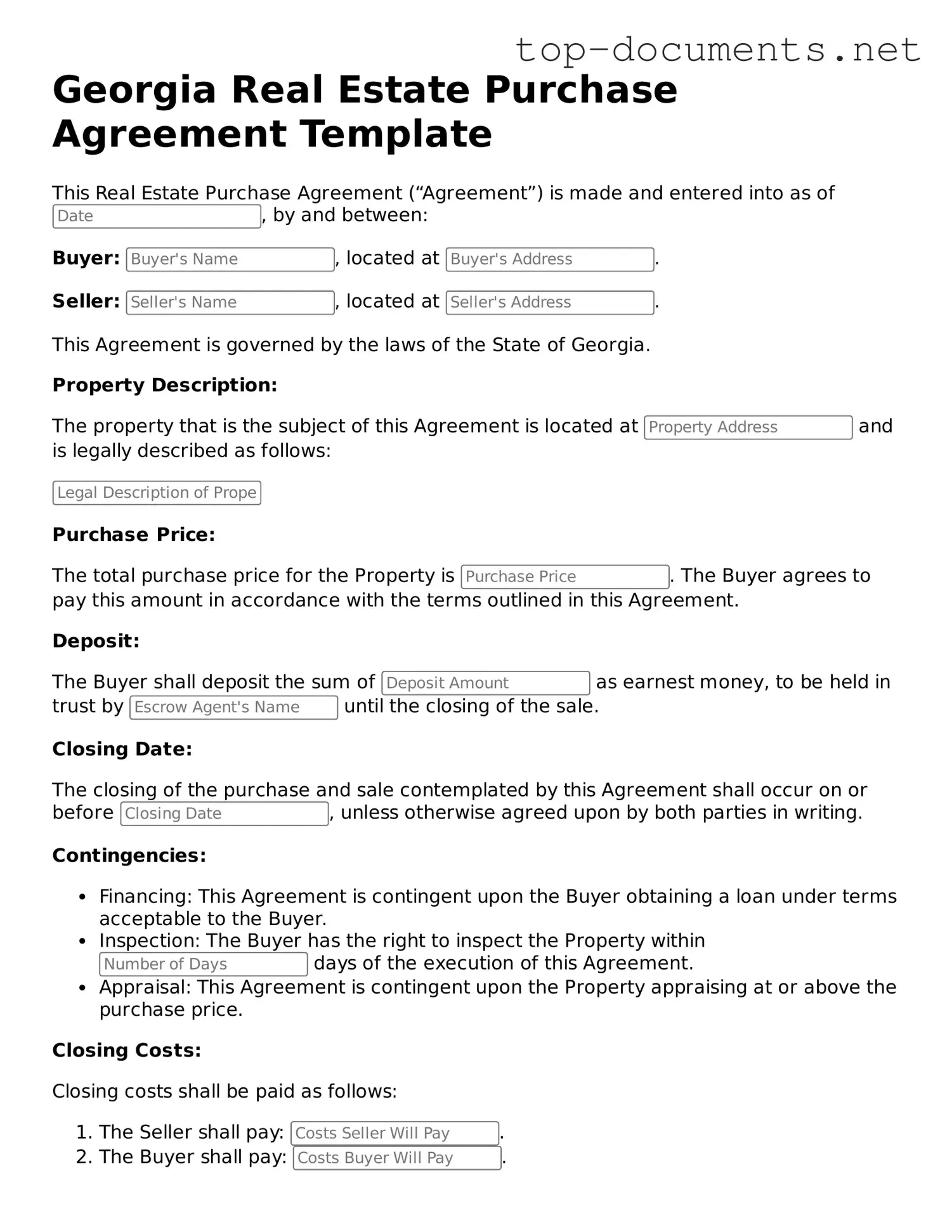 Printable Real Estate Purchase Agreement Form for the State of Georgia