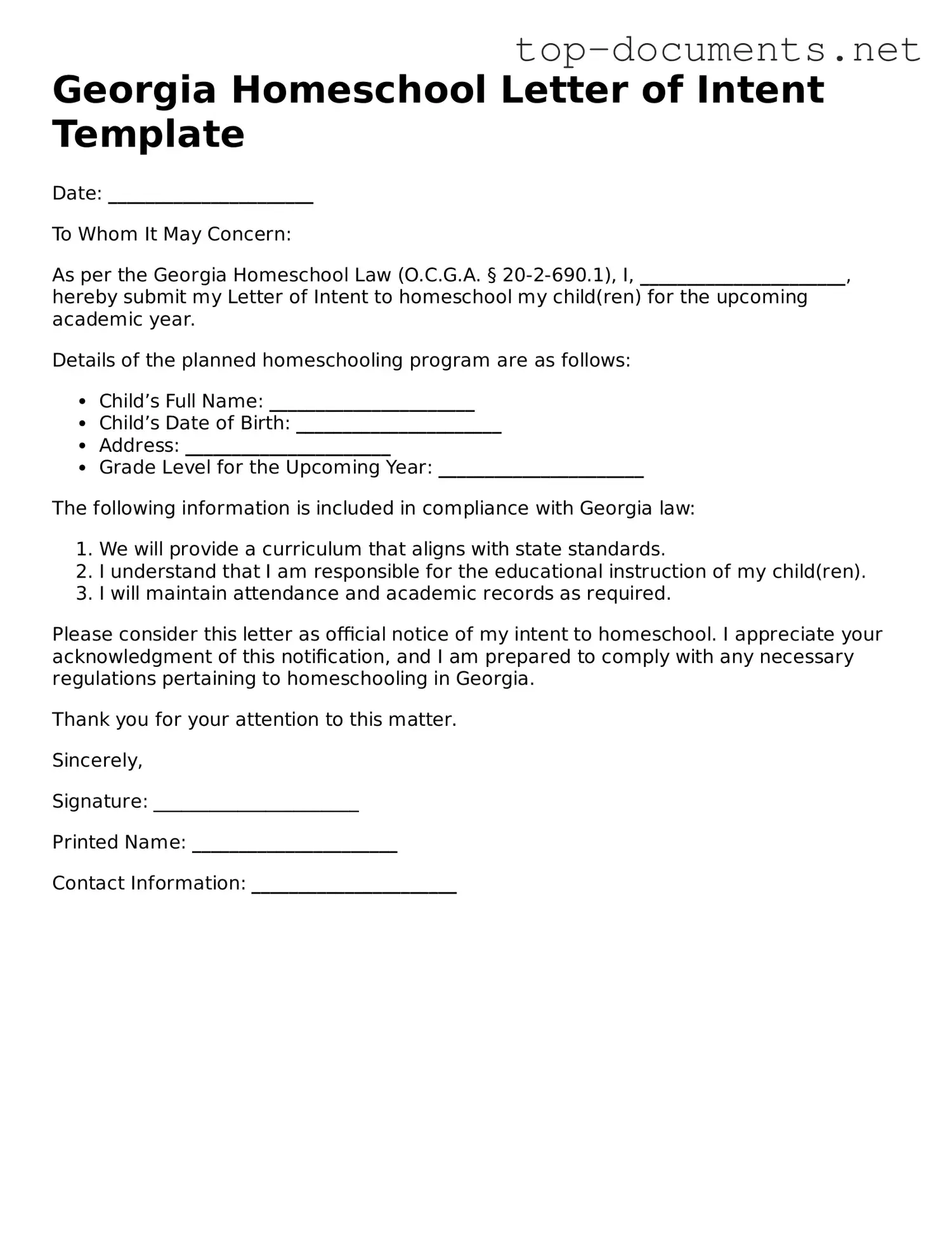Printable Homeschool Letter of Intent Form for the State of Georgia