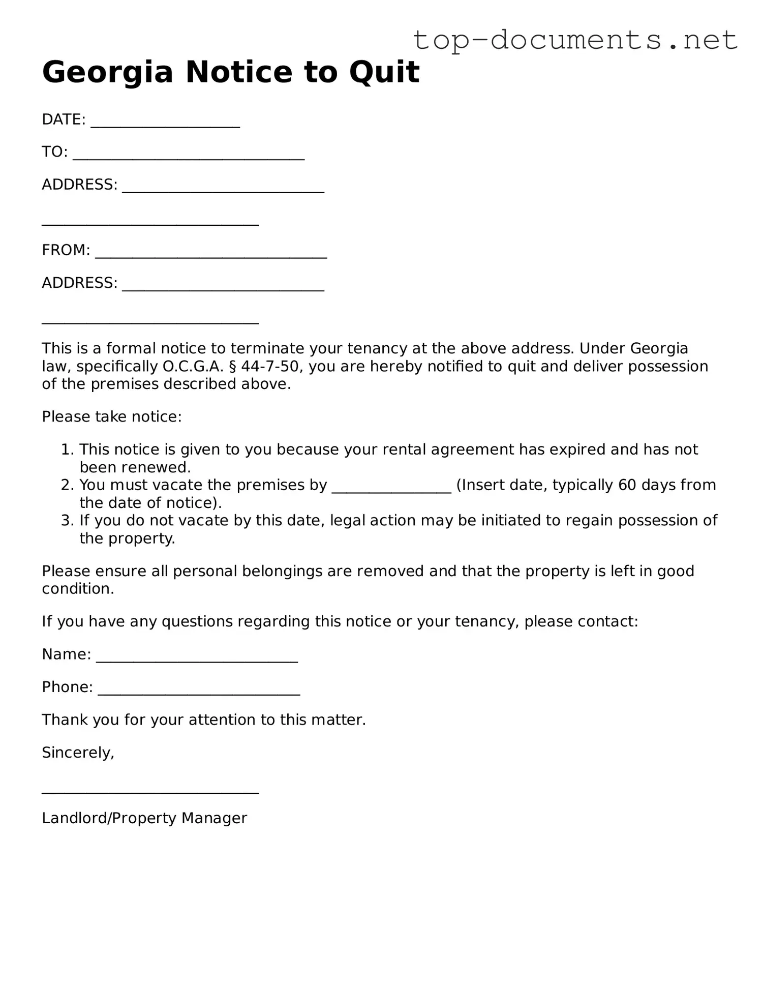 Printable Notice to Quit Form for the State of Georgia