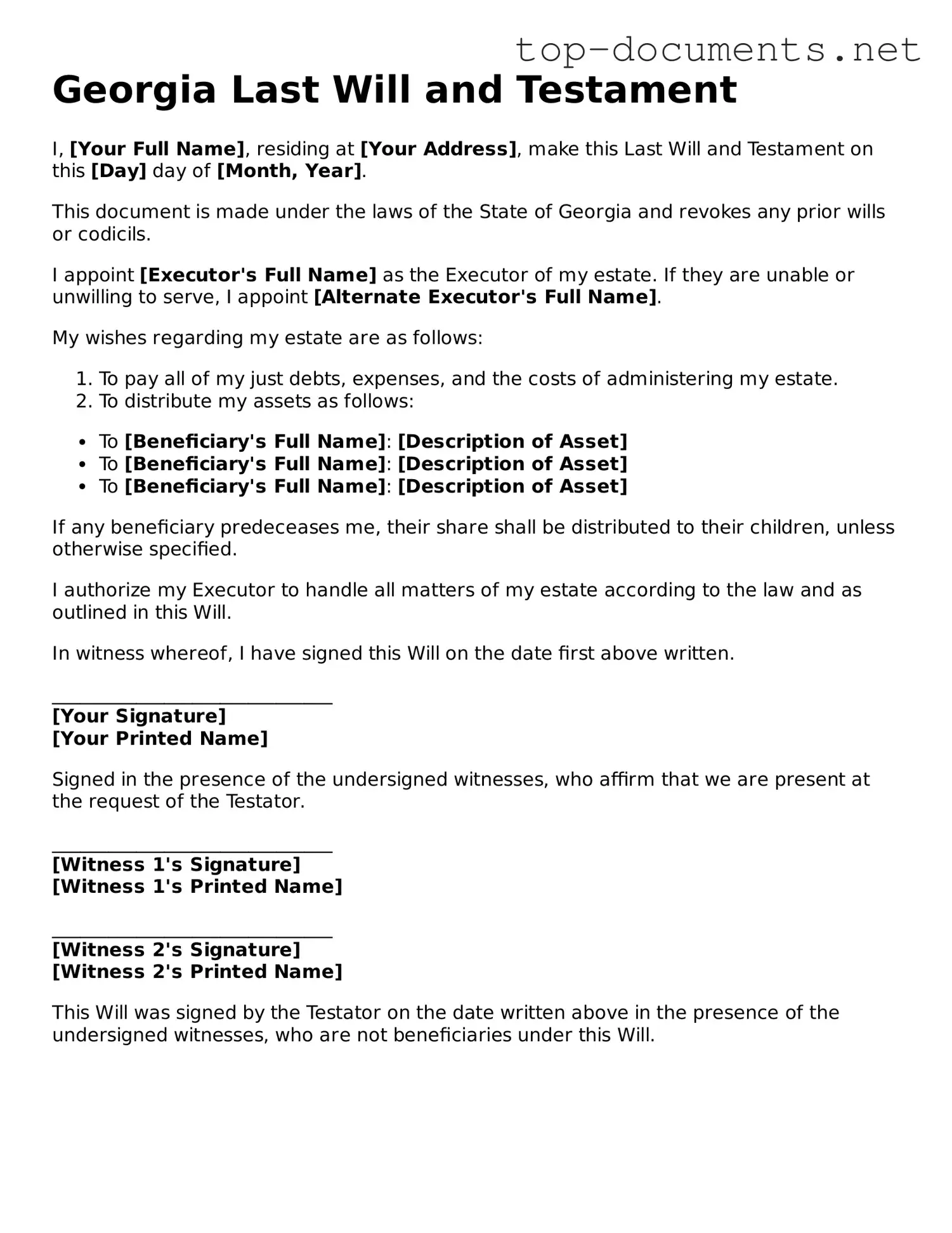 Printable Last Will and Testament Form for the State of Georgia