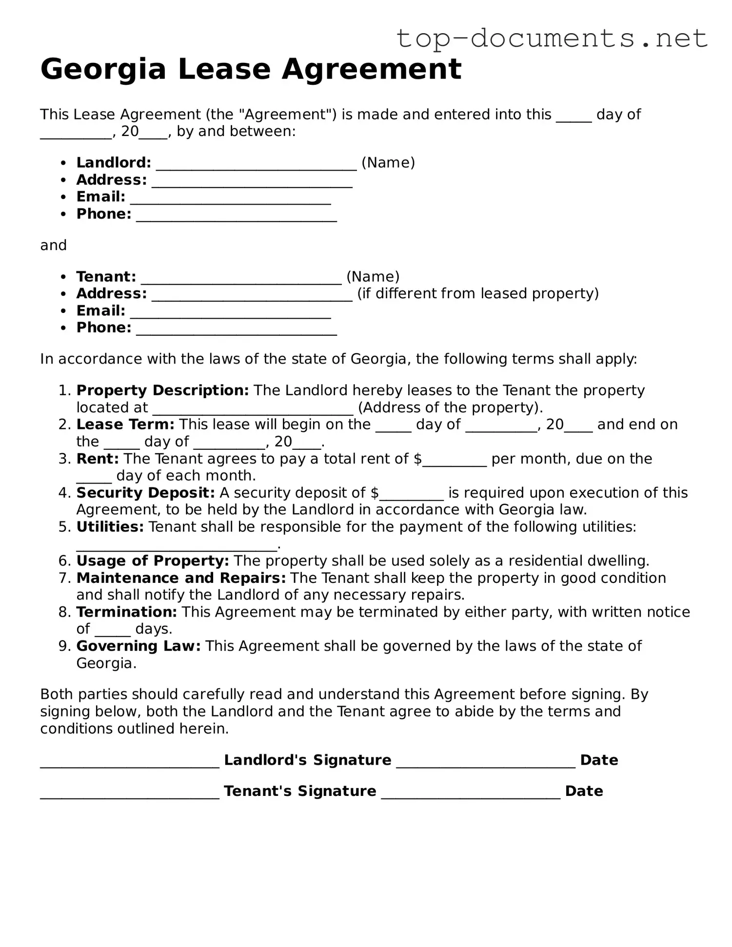 Printable Lease Agreement Form for the State of Georgia