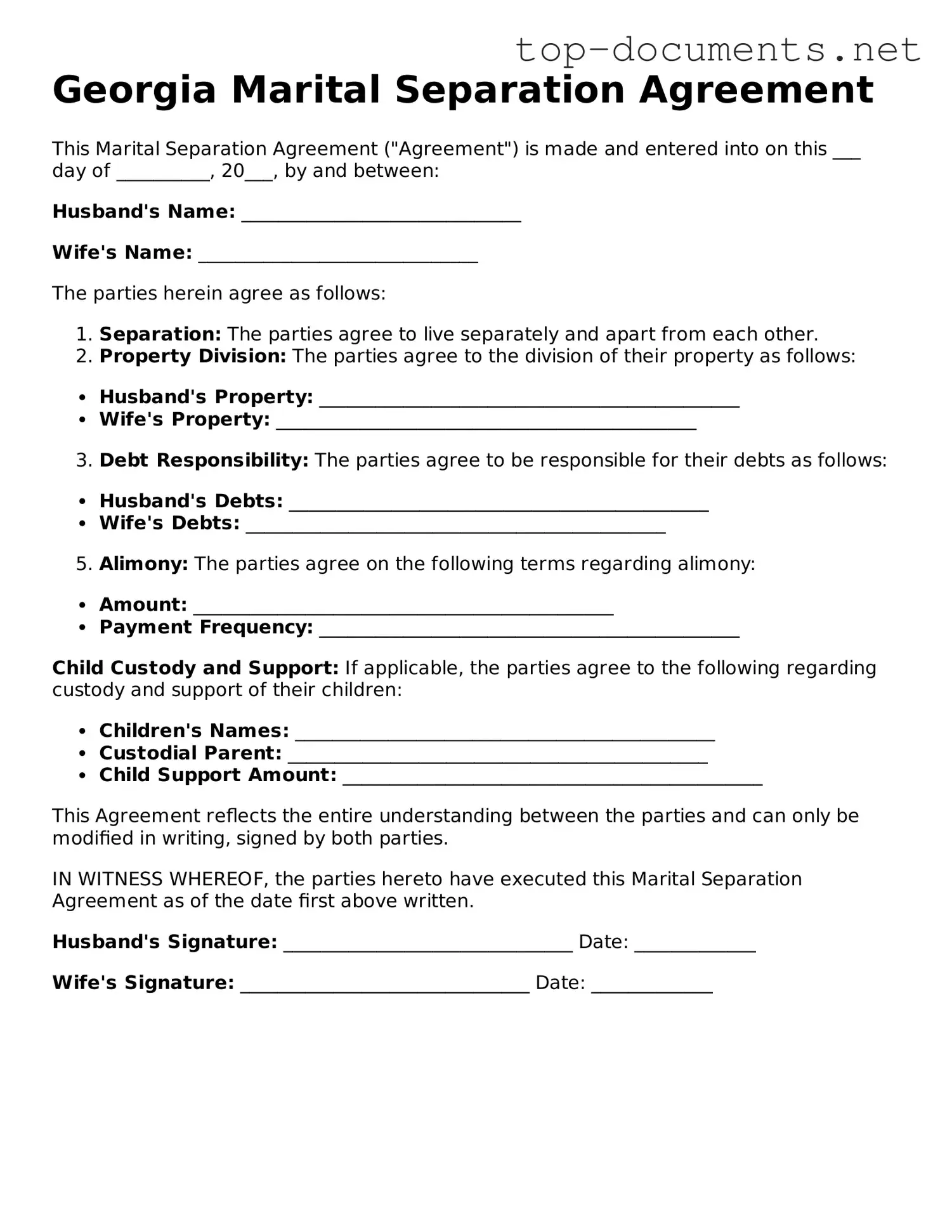 Printable Marital Separation Agreement Form for the State of Georgia